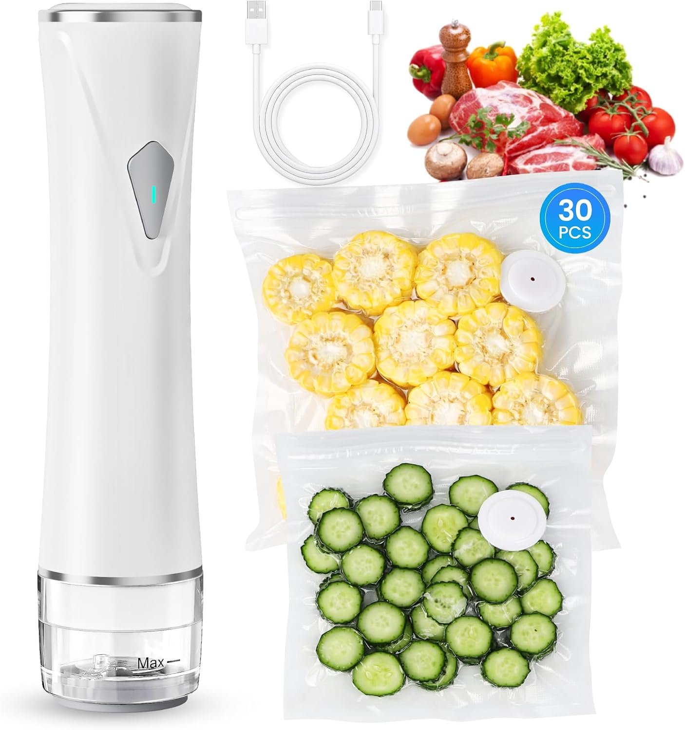 Handheld Vacuum Sealer with Visible Tank, White | Extends Freshness 5X Longer, Includes 30 Reusable Bags, Wireless & Portable, Ideal for Daily Food Storage