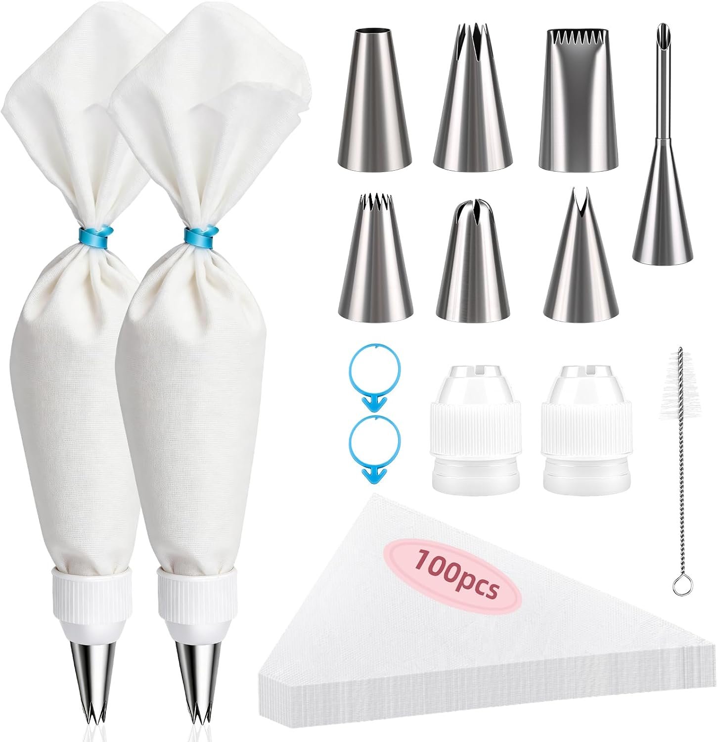 Cleangor Piping Bags and Tips Set, 16 Inch 114 Pcs Cake Decorating Kit | with 100 Disposable Icing Bags, 2 Reusable Pastry Bags, 7 Stainless Steel Frosting Tips, 2 Couplers, 2 Bag Ties and 1 Brush
