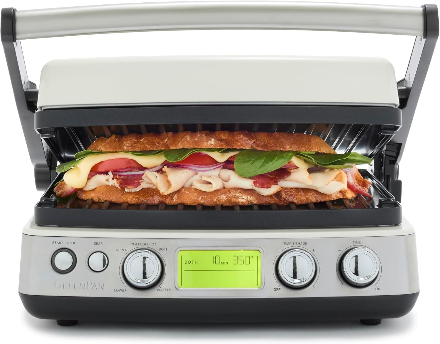 GreenPan Elite 7-in-1 Multi-Function Contact Grill & Griddle, Healthy Ceramic Nonstick Reversible Plates, Adjustable Shade & Shear, Closed Press/Open Flat Surface, PFAS-Free, Cream White