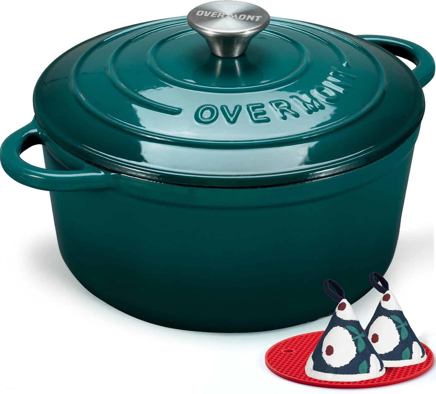 Overmont Enameled Cast Iron Dutch Oven – 7QT Pot with Lid Cookbook & Cotton Potholders – Heavy-Duty Cookware for Braising, Stews, Roasting, Sourdough Baking bottle green