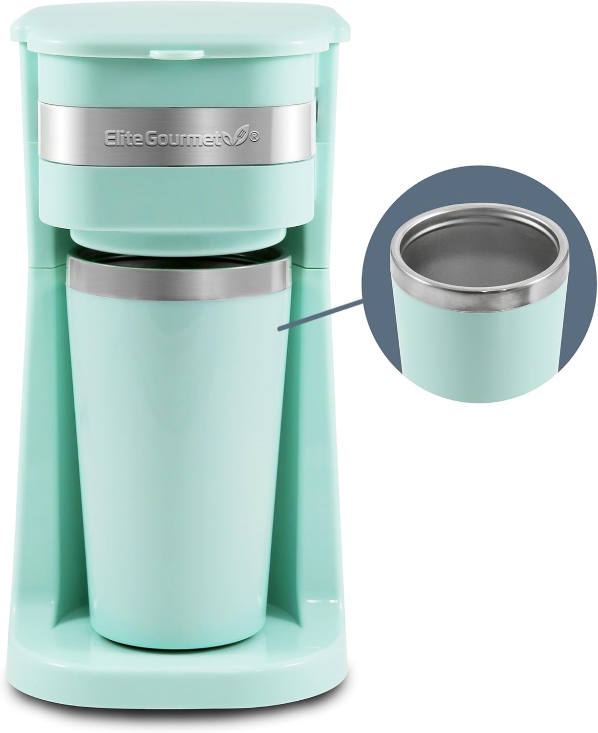 Elite Gourmet EHC113M Personal Single-Serve Compact Coffee Maker, Mint | Includes 14oz stainless steel interior thermal travel mug, reusable filter – compatible with coffee grounds