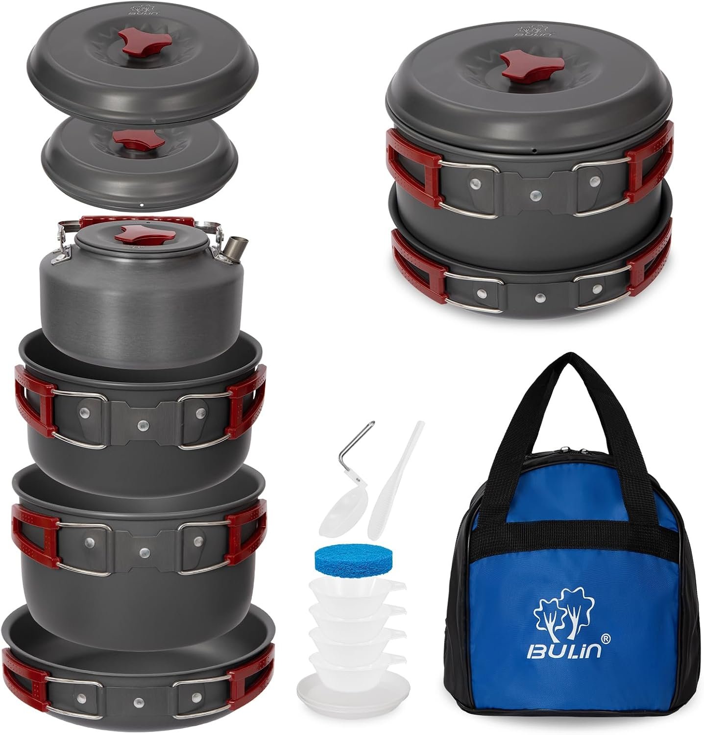 Bulin Camping Cookware, Portable Pots Kettle and Pans Set, 13 PCS for 3-4 | Lightweight Backpacking Cooking Set Outdoor Cook Gear for Family Hiking Picnic (Kettle Pot, Frying Pan, Bowls, Plates, Spoon)