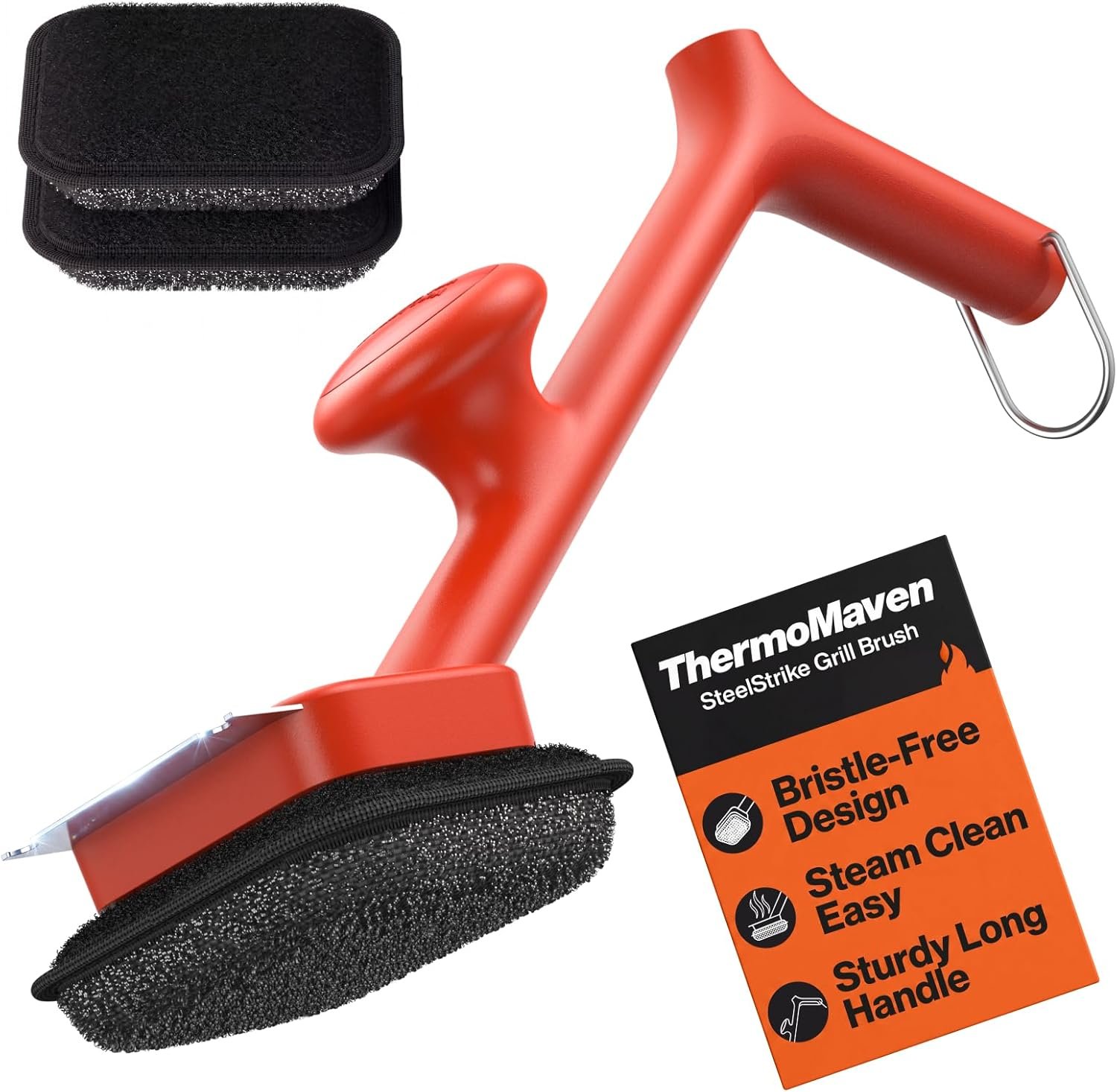 ThermoMaven Bristle-Free BBQ Grill Brush – No Wire Risk Steam Cleaner Removes Burnt Grease Fast – 17″ Cool-Touch Handle, Scraper & 3 Replaceable Heads for Gas, Charcoal & Cast Iron