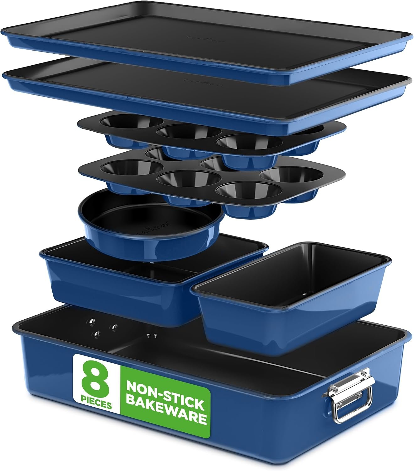 NutriChef 8-Piece Nonstick Stackable Bakeware Set – PFOA, PFOS, PTFE Free Baking Tray Set w/Non-Stick Coating, 450°F Oven Safe, Round Cake, Loaf, Muffin, Wide/Square Pans, Cookie Sheet (Blue)