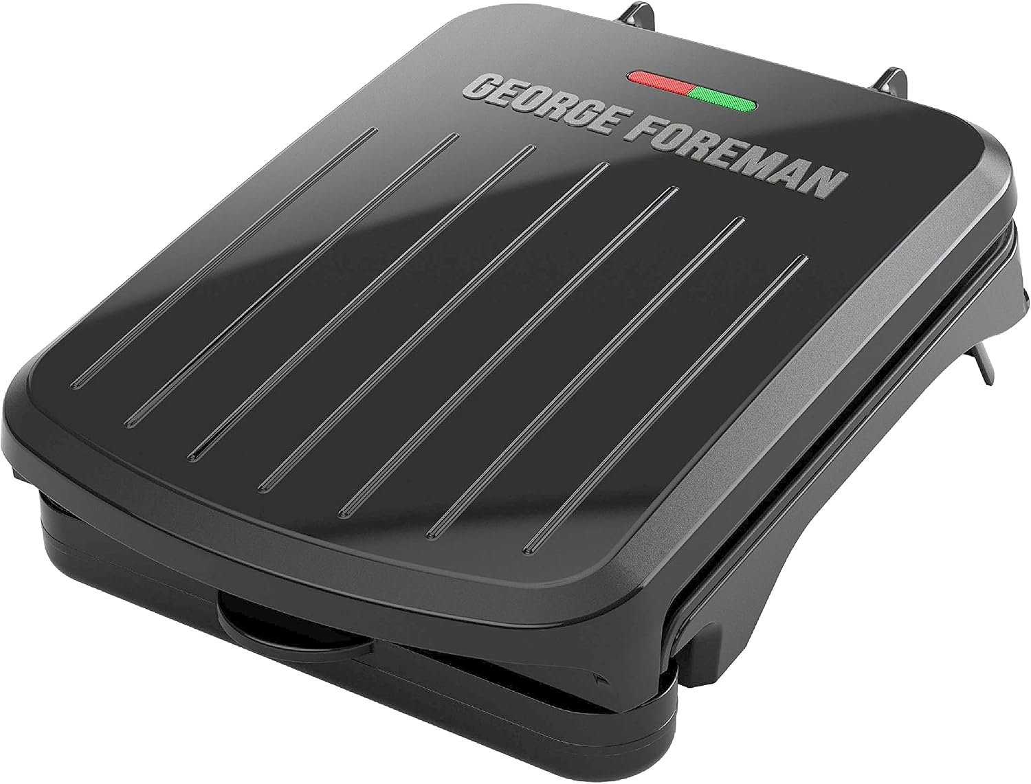 George Foreman Compact 2-Serving Electric Indoor Grill and Panini Press for 1–2 People, Classic Plates, Black | Compact grill with nonstick plates, panini mode, fat-removing slope and vertical storage.