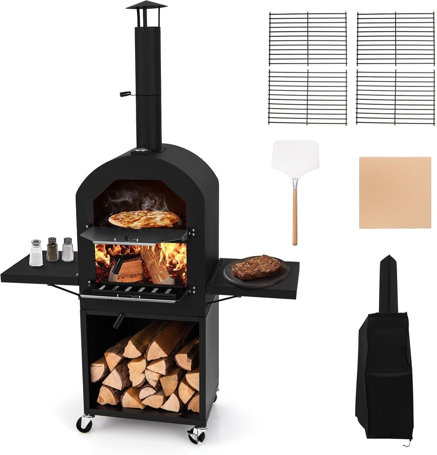 HAPPYGRILL Outdoor Wood Fired Pizza Oven w/Firewood Storage & Side Shelves | Patio Pizza Maker with Pizza Stone & Peel, 2 Cooking Grills & Thermometer, Portable Pizza Stove for Backyard Party Camping