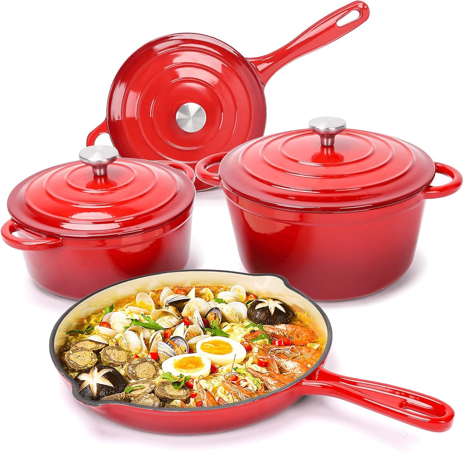 Enameled Cast Iron Cookware Set,7 Piece Dutch Ovens Set,Red | Ceramic Coated Cast Iron,Sauce Pan,Skillet,3 Lids,Pots and Pans Set,Heavy Duty, Gas & Induction Compatible,PFA Free
