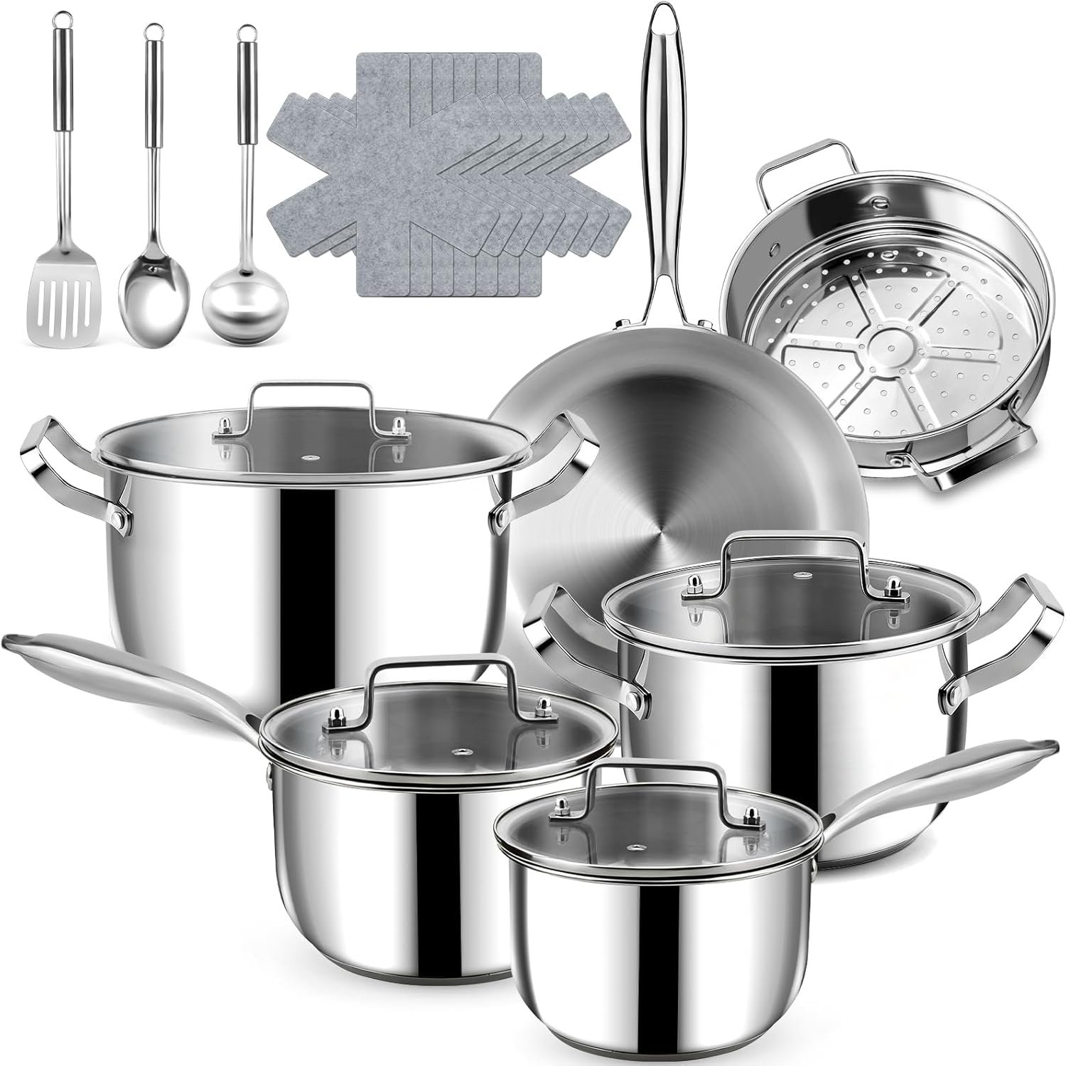 Stainless Steel Cookware Set – 20 PCS Pots and Pans Set with 3-Ply Stainless Steel Frying Pan, Professional Kitchen Cooking Set, Induction Compatible, Oven & Dishwasher Safe
