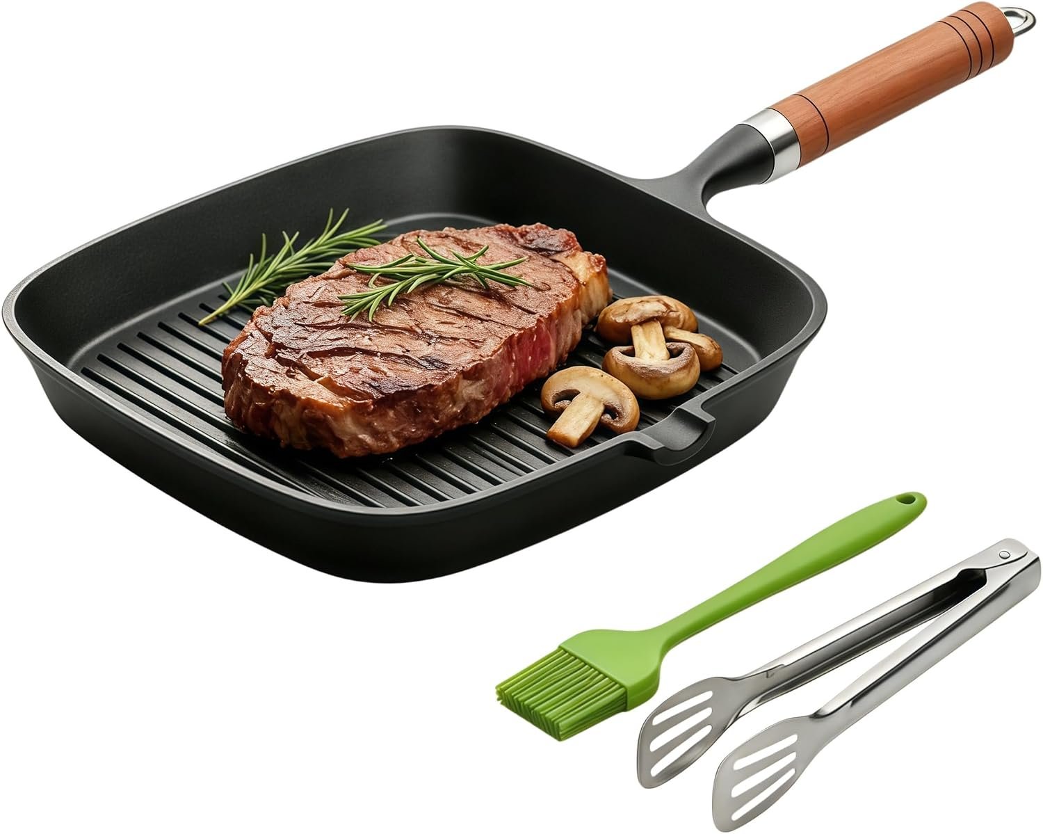 Cast Iron Grill Pan, 9 Inch Griddle Pan Skillet with Kitchen Tong & Brush