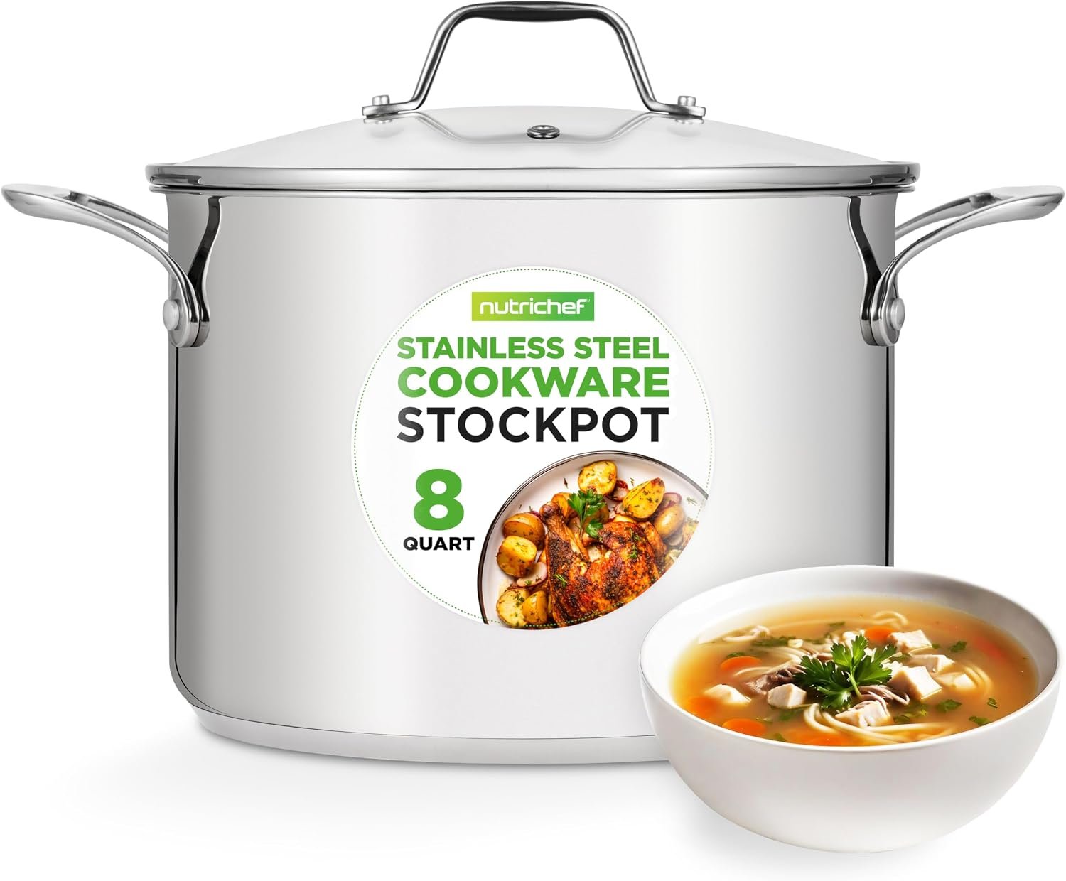 NutriChef 8-Quart Stainless Steel Stock Pot – 18/8 Food Grade Stainless Steel Heavy Duty Induction – Stock Pot, Stew Pot, Simmering Pot with See-Through Lid, Dishwasher Safe – NCSP8
