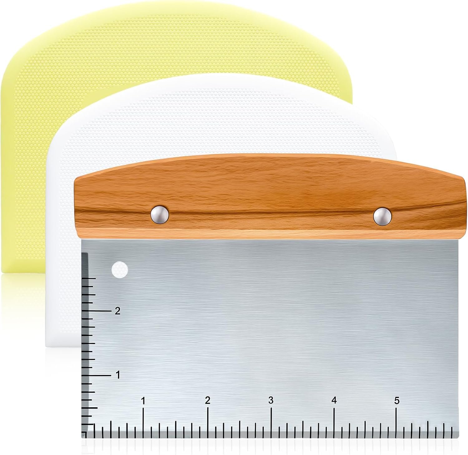 Versatile Bench Scraper with Wood Handle, Premium Stainless Steel Dough Scraper Cutter with 2 PCS Flexible Bowl Scraper for Pastry Bread Pizza, Kitchen Scraper Tool for Flat Top Griddle