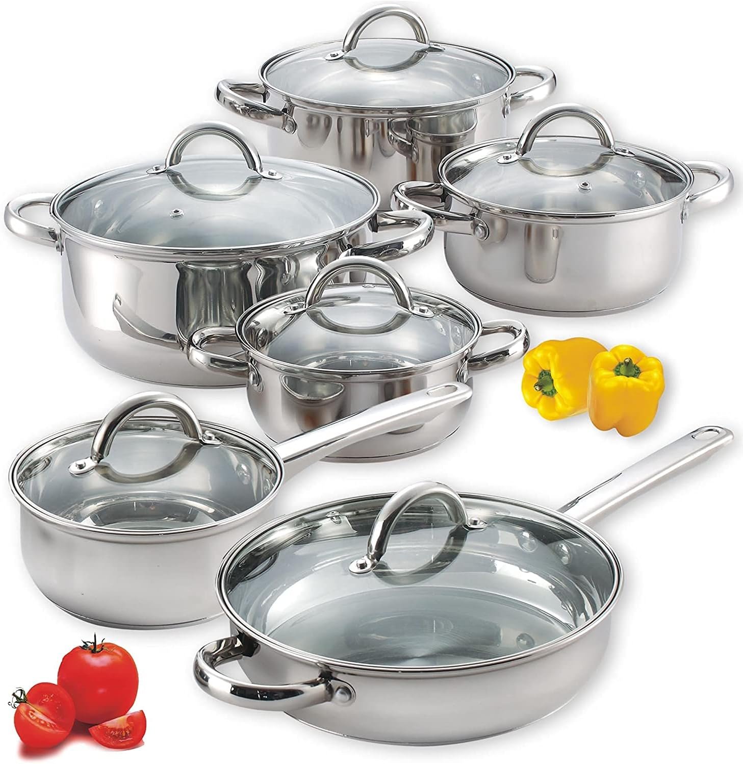 Cook N Home Kitchen Cookware Sets, 12-Piece Basic Stainless Steel Pots and Pans, Silver | Stay-Cool Handle, Induction Compatible, Dishwasher and Oven Safe