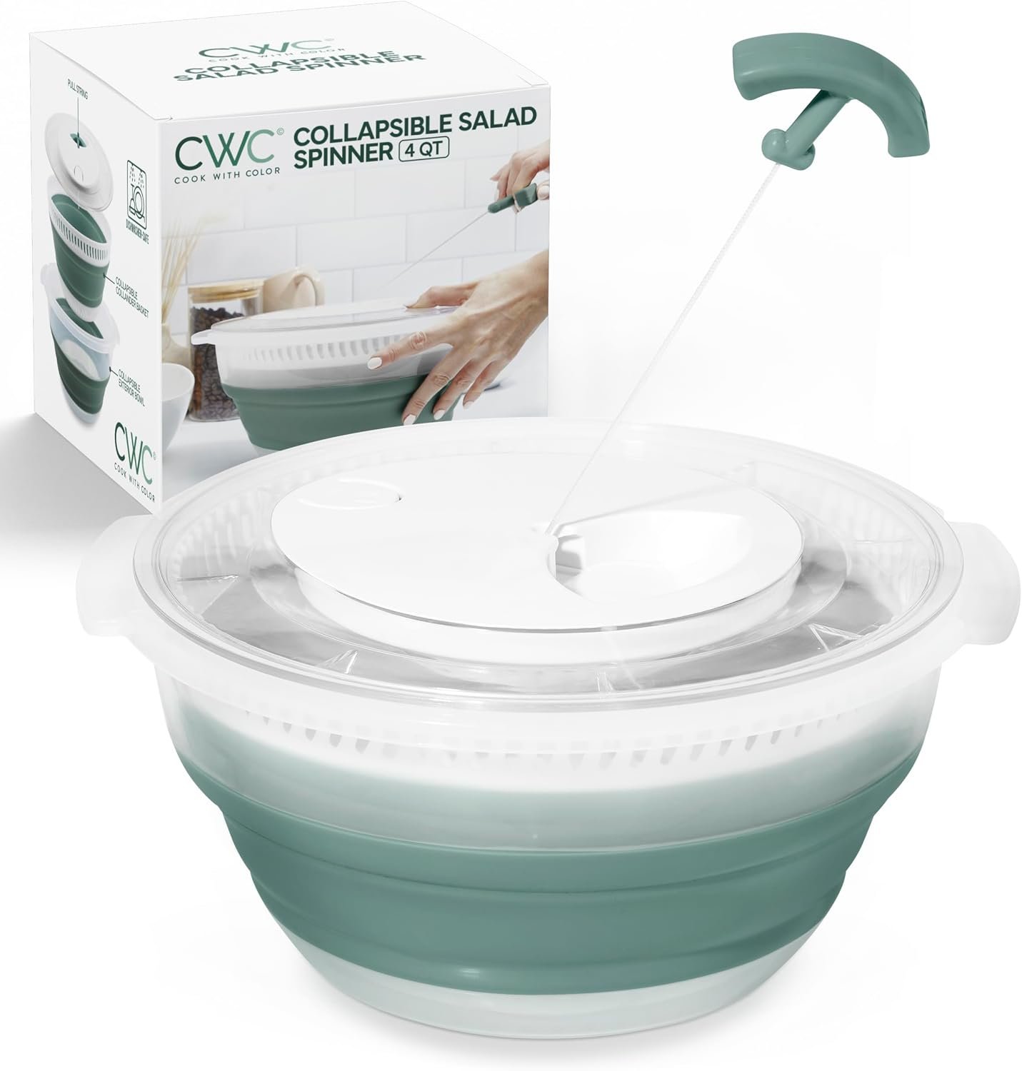 COOK WITH COLOR Collapsible Salad Spinner – 4 QT Space Saving Lettuce Dryer with Folding Collapsible Colander Great for Washing and Drying Fruit and Vegetables (Sage)