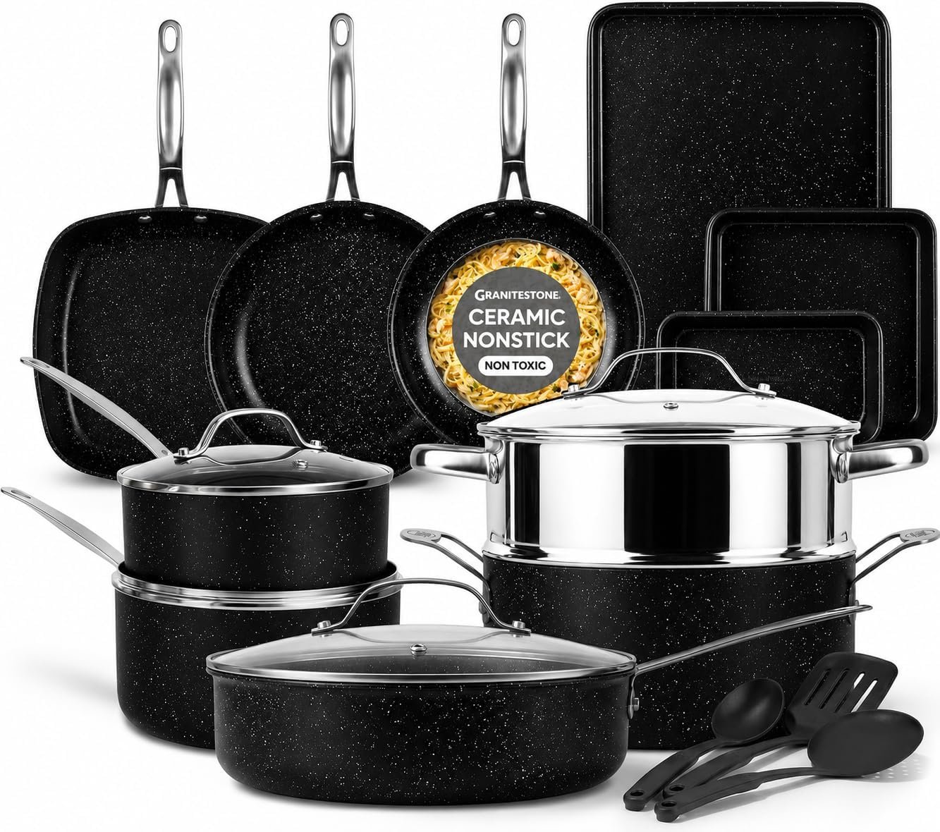 GRANITESTONE Ceraluxe 20Pc Pots and Pans Set Non Stick Ceramic Cookware Set | Bakeware & Utensils Included, Non Toxic PFOA/PTFE/PFOS Free Coating, Cool Touch Handles, Oven & Dishwasher Safe, Black