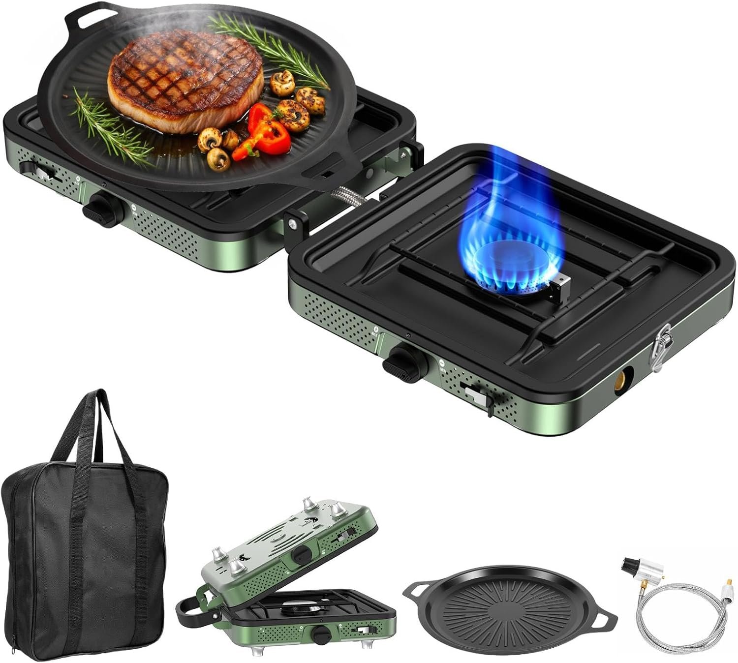 Portable Camping stove, 2 Burner Foldable Camping Stove with Griddle and Carrying Bag & Hose, 8600BTU Portable Propane Camp Stove with Ignition & 2 Adjustable Burners,for Camping Tailgating BBQ Grill