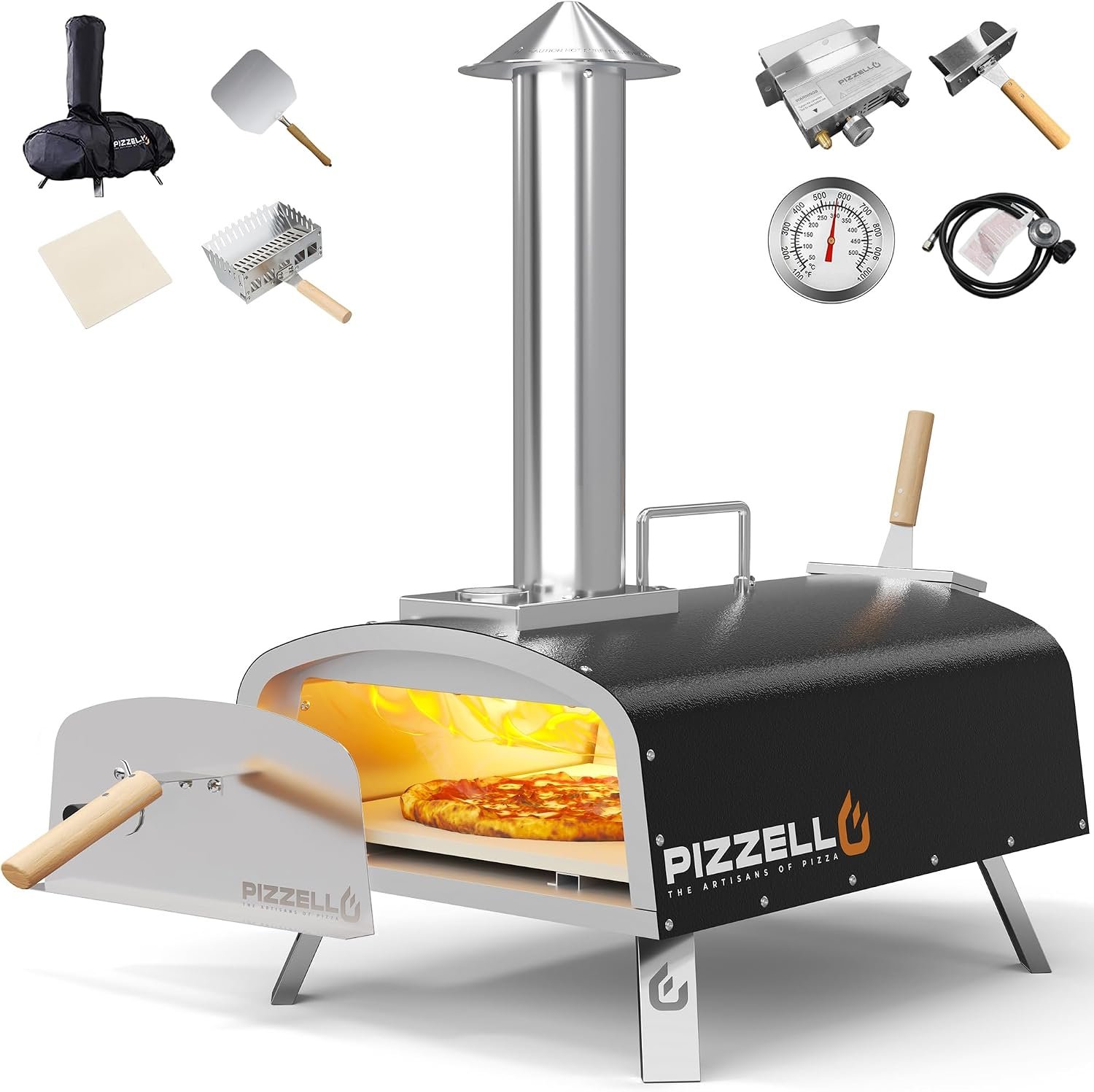 16″ Outdoor Pizza Oven, Propane & Wood Fired Steel Pizza Grill | Stainless Steel Patio Pizza Oven with Gas Burner, Wood Tray Pizza Stone, Pizza Peel, Carry Bag for Outside, Garden Black
