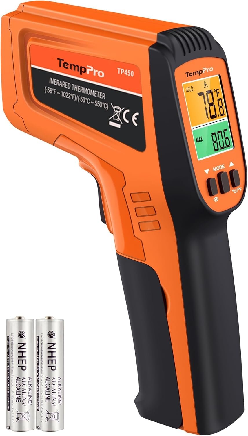 TempPro TempScan Infrared Thermometer Gun with 2 Laser for Pizza Oven Grill | 16:1 D:S Ratio Temperature Gun for Cooking HVAC Engine, Laser Thermometer Gun with Adjustable Emissivity Temp Gun -58℉-1022℉