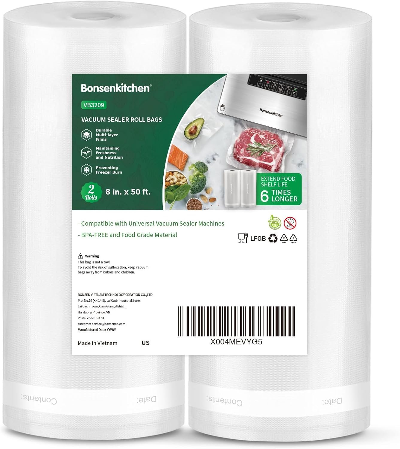 Bonsenkitchen Vacuum Sealer Bags, 8″ x 50′ Rolls 2 pack for Food Storage | Commercial Grade Textured Food Roll, Heavy Duty, Customized Size Bag for Sous Vide Cooking, BPA Free, VB3209