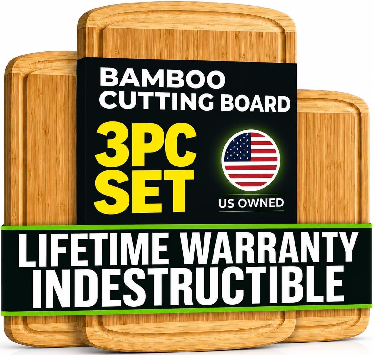 INDESTRUCTIBLE Extra Large Bamboo Cutting Board Set of 3 with Vertical Grain Strength Technology – XL Wood Cutting Boards for Kitchen and Lightweight Chopping Board Set – Replacements for Life