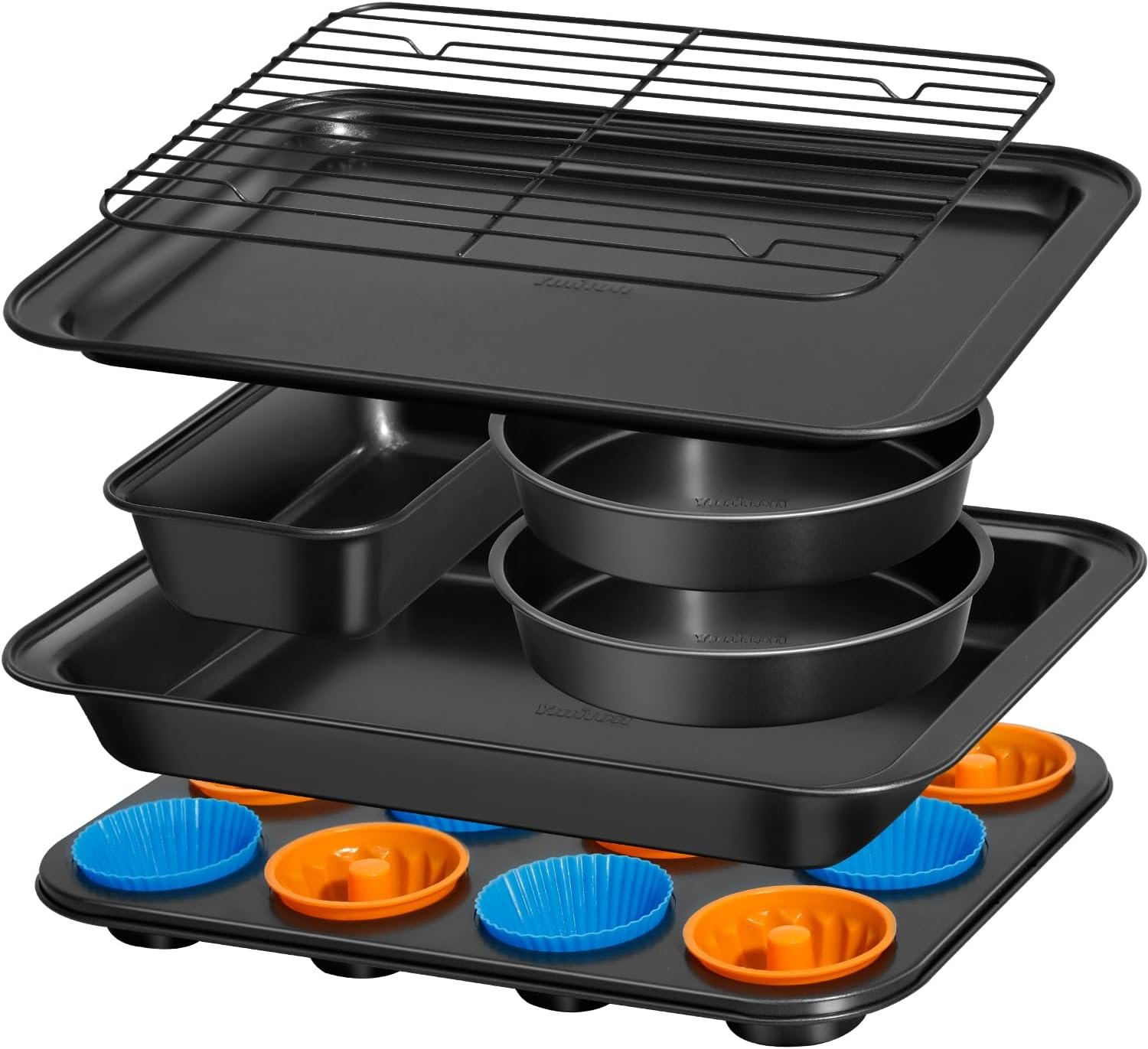 Nonstick Baking Pans Set, 19 PCS Stackable Bakeware Sets, Oven Pan Set Includes Baking Tray, Cookie Sheet, Cake Pans, Loaf Pan, Muffin Pan, Silicone Cups
