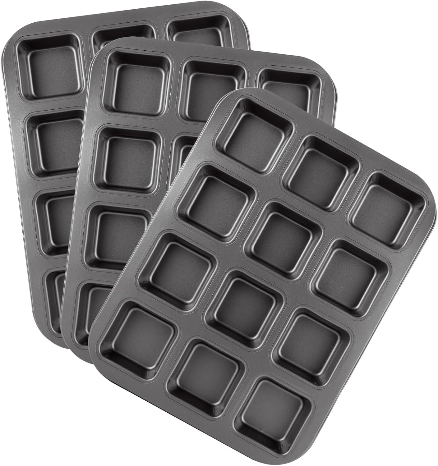 3 Pcs 12-Cavity Brownie Pan with Dividers, 14″ × 10.5″ × 1.2″ Non-Stick All Edges Cupcake Pan, Black Carbon Steel Square Muffin Pan for Oven Baking