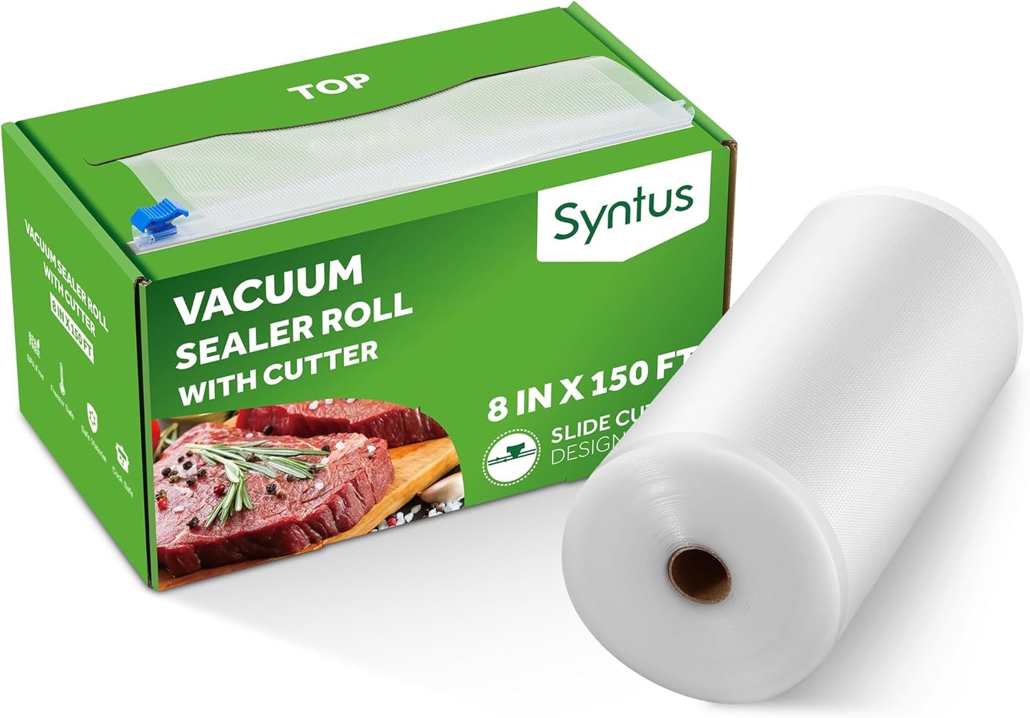 Syntus 8″ x 150′ Vacuum Sealer Bags Rolls Keeper with Cutter Dispenser | BPA Free, Commercial Grade, Heavy-Duty, Microwave Sous Vide Cooking, Meal Prep, Custom Length, Precise Cuts, for Food Storage