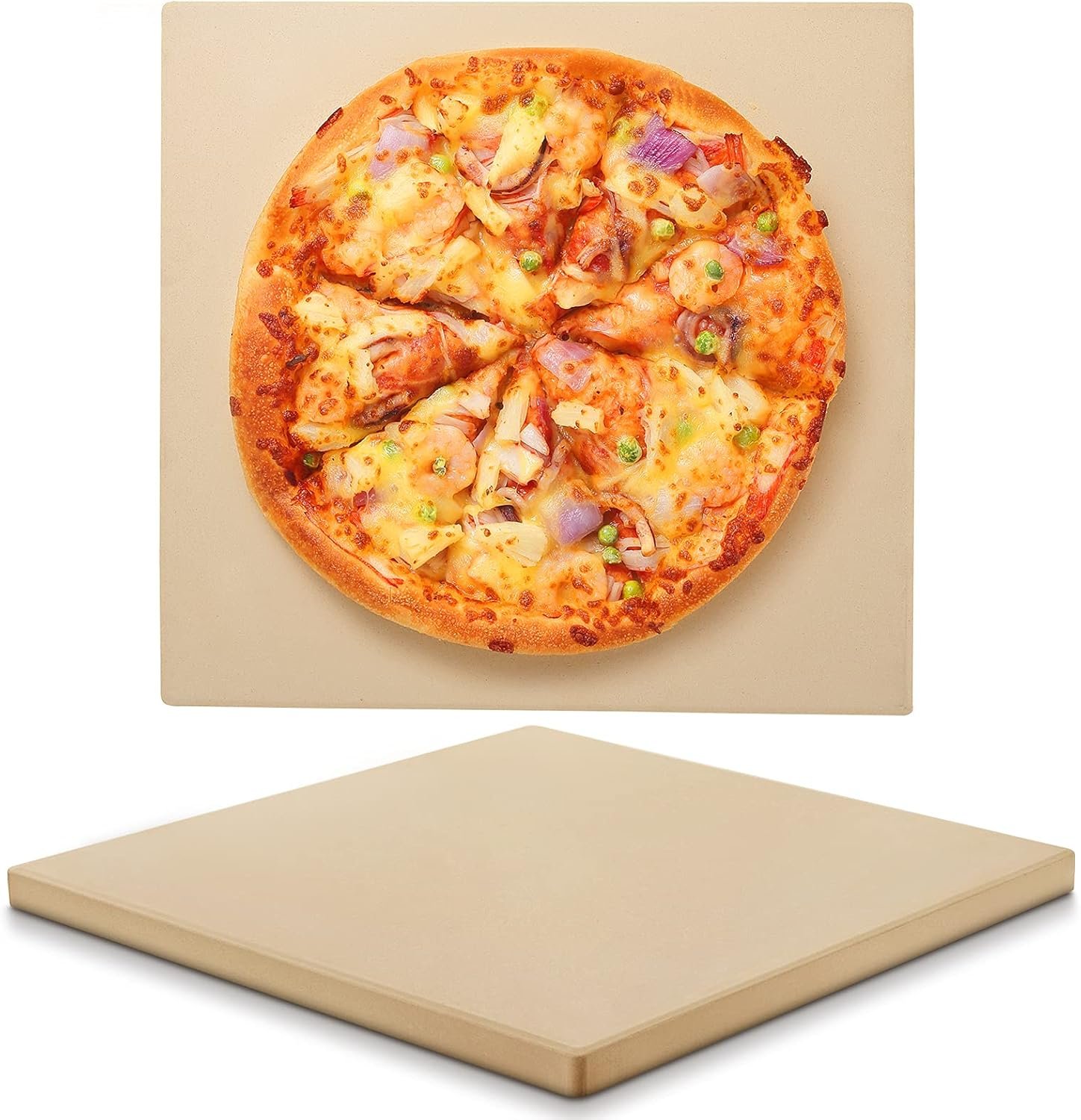 Unicook 15 x 15 Inch Square Cordierite Pizza Stone for Oven Grill, 8 Lbs | Even Heating and Consistent Heat Retention, Crispy Crust for Fresh & Frozen Pizzas, Bread, Cookies, Includes Dough Scraper