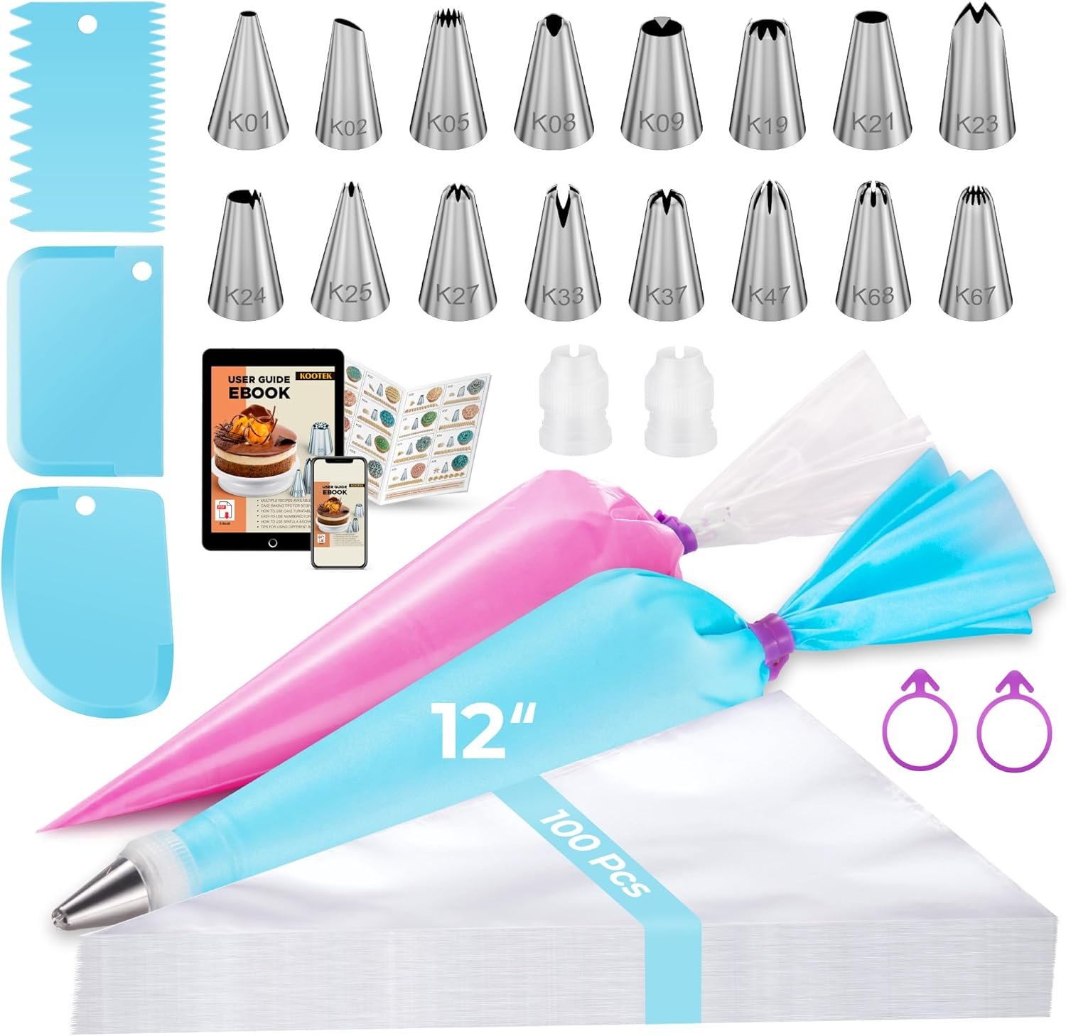 Kootek 124 Icing Piping Bags and Tips Set Frosting Cake Decorating Kit Blue | Baking Supplies Tools, 100 +1 Piping Bags 12″, 16 Icing Piping Tips, Reusable Pastry Bag, 3 Scrapers, for Beginners & Pros