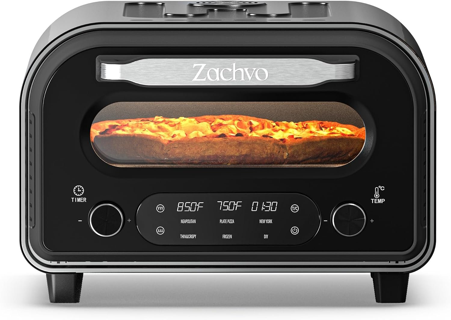 Countertop Electric Pizza Oven with PID Top and Bottom Temp Control, Black | 90-Second 12-Inch Pizza, 850°F Indoor Use, 6 Presets with DIY, Dual Knobs for Time & Temp, Always-On Light for Pizza Nights