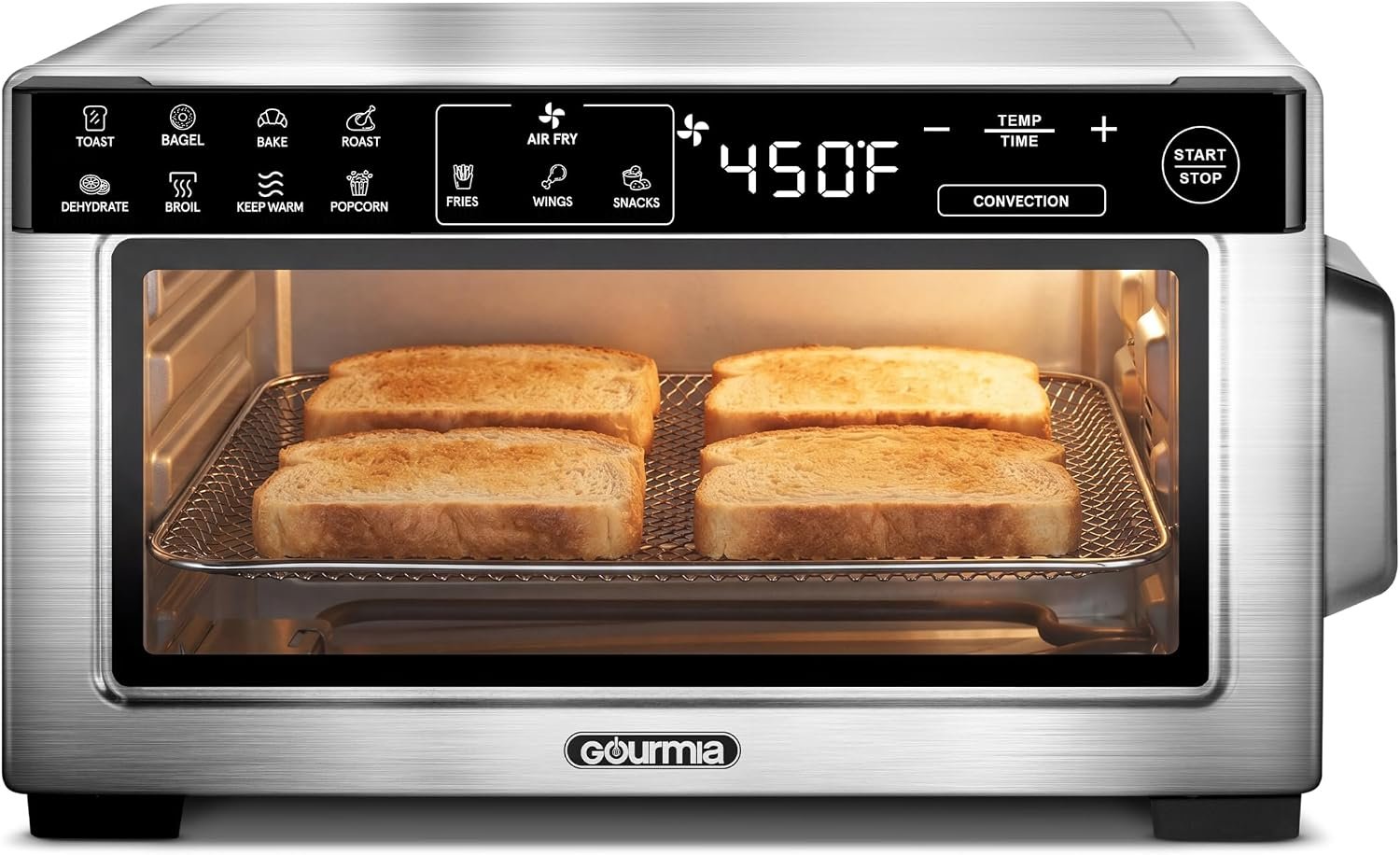Gourmia Toaster Oven Air Fryer – 4 Slice Capacity, Single Door, Digital Display, Air Fry, Toast & Dehydrate, Convection Cooking, Fits 8” Pizza, 3 Rack Positions, Dishwasher-Safe Trays, Stainless Steel