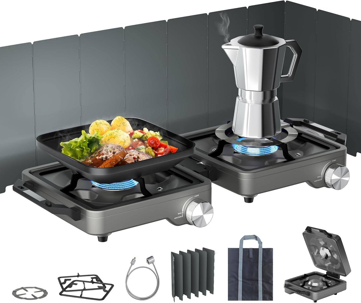 27000 BTUs 2 Burner Folding Camp Stove, Propane Gas Stove for Camping | Windshield, Portable Camping Stove Propane, Adjustable Burners & Carrying Bag, For Camping, Tailgating, BBQ