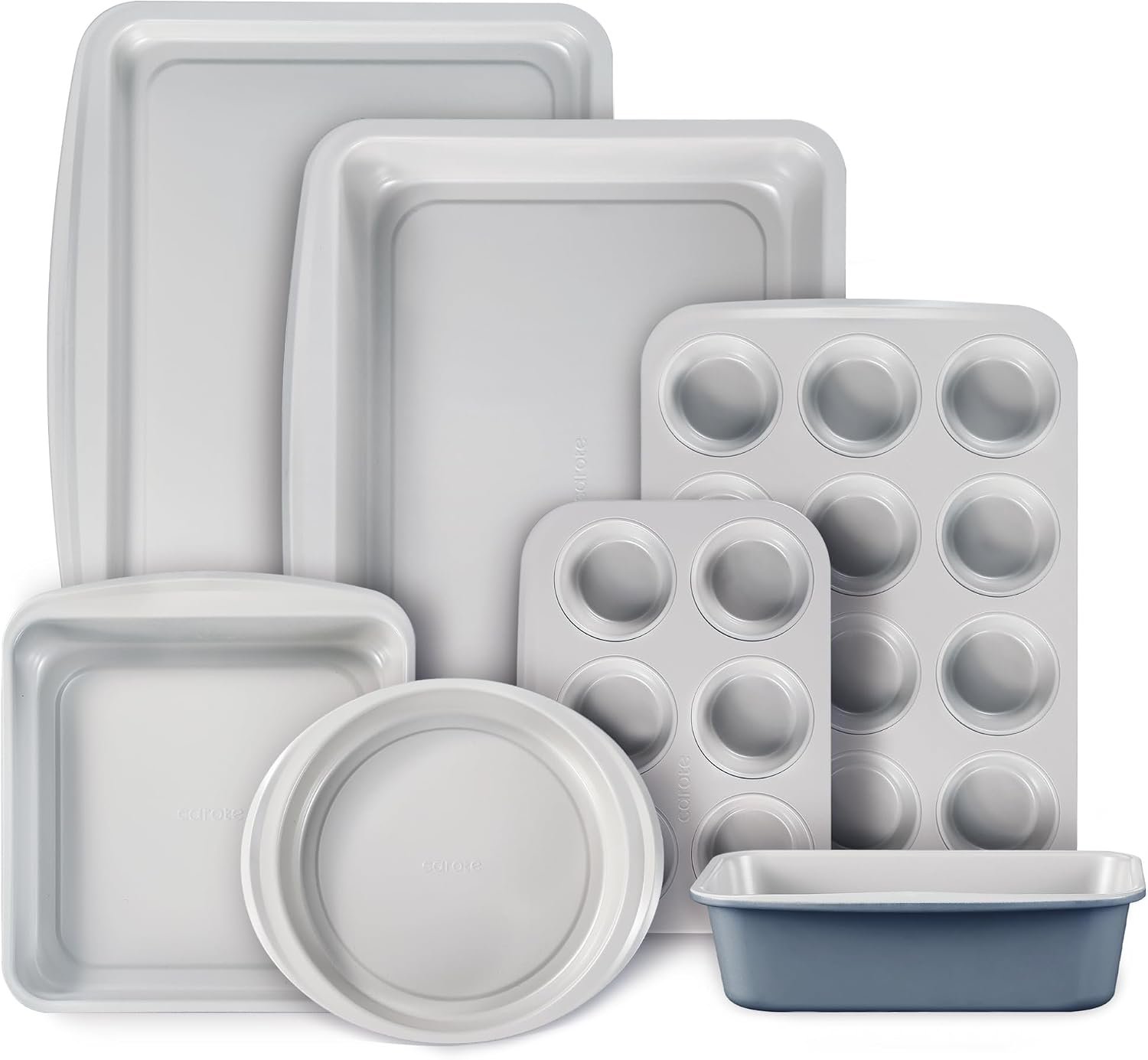 CAROTE 7-Piece Baking Pans Set, Nonstick Bakeware Sets, Gray & Blue | Cookie Sheets, Muffin, Bread, Cake, Loaf, Roasting Pan, Easy-Release, Oven Safe Up to 446°F, PFAS-Free, Stackable, Home, Gift