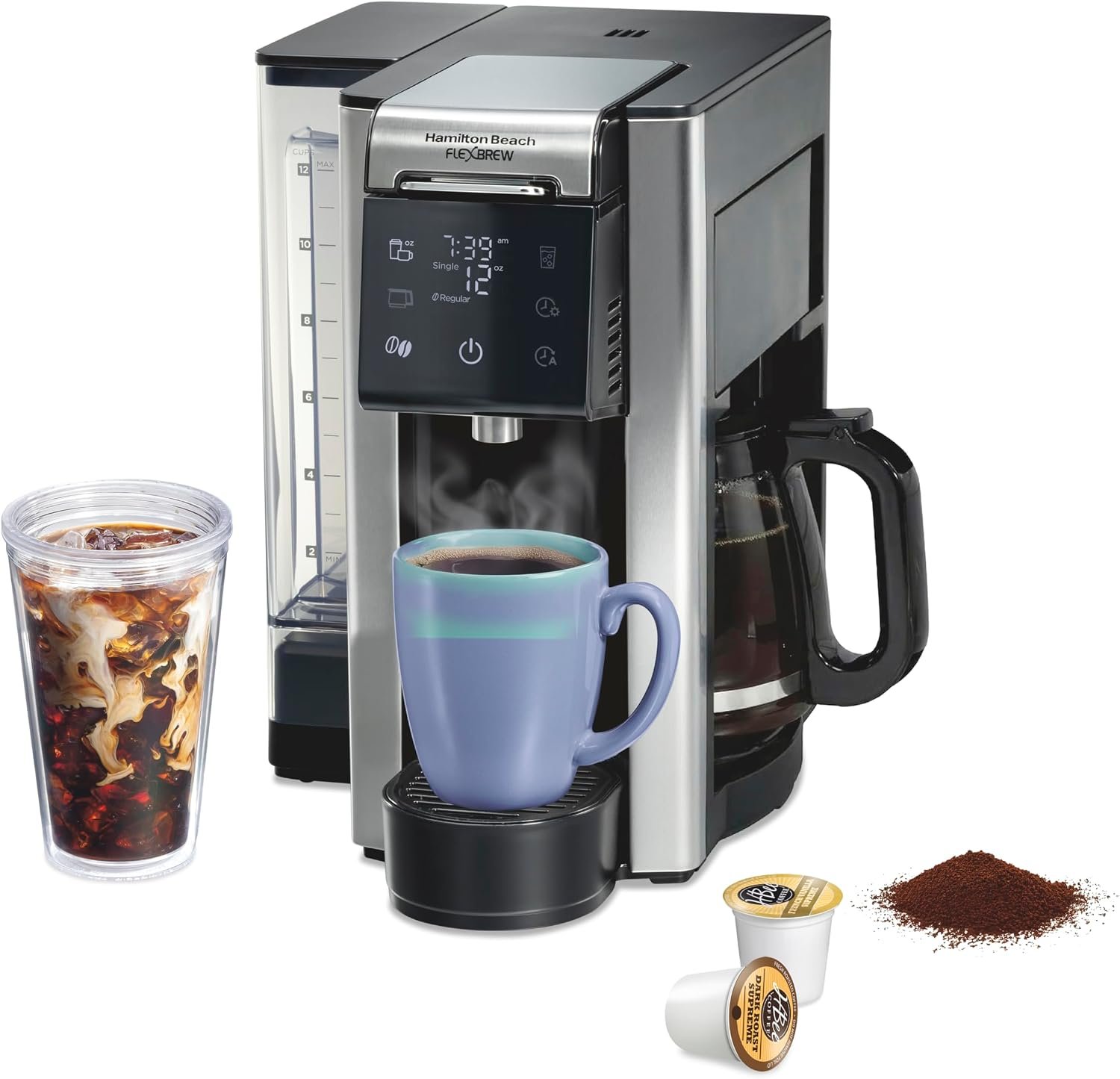 Hamilton Beach Flexbrew Advanced 5-in-1 Drip & Single Serve Coffee Maker | Single Serve Hot & Iced Coffee Maker | 12 Cup Programmable Drip Coffee Maker | Removable 60 oz. Reservoir | Black