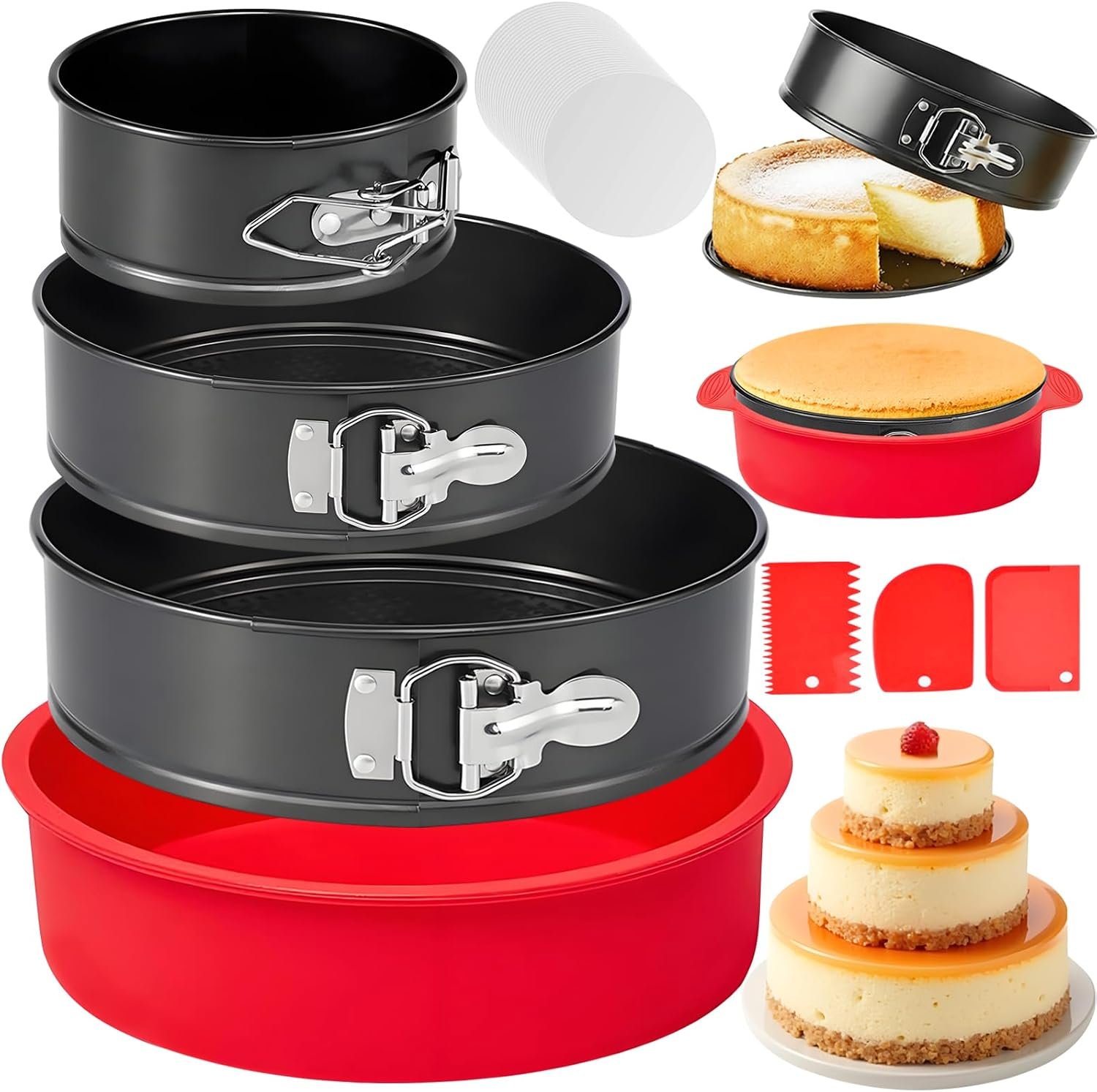 Nonstick 4 7 9 Inch Springform Pan Cheesecake Pan with Protector | Leakproof Spring Form Pan for Cheesecake, Spring Cheese Cake Pans for Baking with Removable Bottom and 50Pcs Parchment Paper