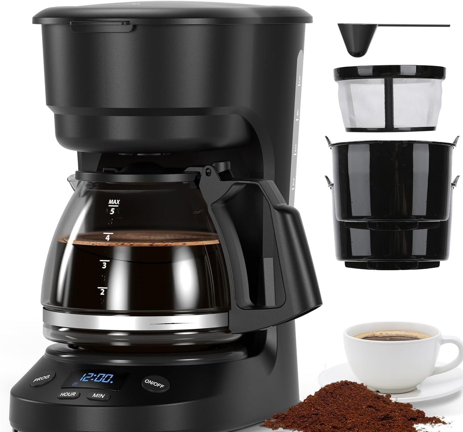 Electactic 5 Cup Programmable Drip Coffee Maker, 24H Delay Brew, 2H Keep Warm & Auto Shut Off, Pause & Serve, Reusable Filter, Glass Coffee Pot, Small Coffee Machine for Home Office | 24-hour delay brew, 2hr keep warm & auto shutoff, pause-serve function, reusable filter for home office