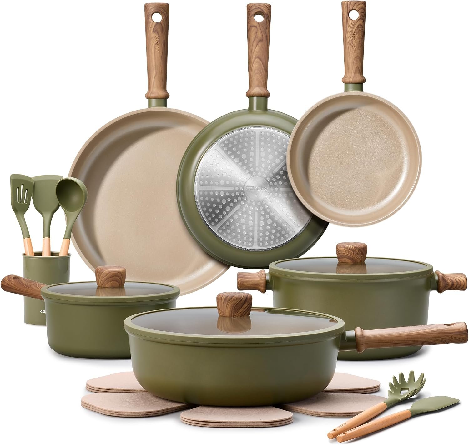 CAROTE 21pcs Ceramic Cookware Set, Pots and Pans Set, Green | Non-Toxic Healthy Kitchen Cooking Set, Easy Clean, Even Heating, Fit All Stovetops, with Silicone Lids, PFAS FREE