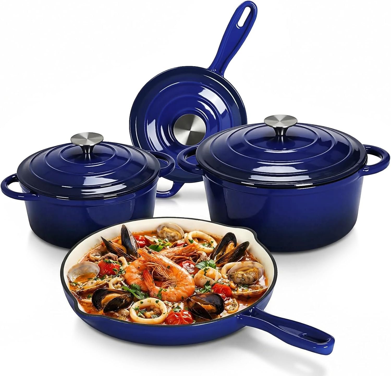 LIFERUN Enameled Cast Iron Cookware Set, 7Pcs Cast Iron Pots and Pans Set | Gas/Induction Dutch Oven Set, 7 Piece Set of Dutch Ovens, Saucepan, Skillet, 3 Lids, Oven Safe to 550°F, PFOA & PFAS Free