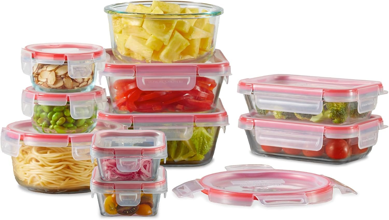 Pyrex Freshlock (10-Pack) Mixed Sizes Airtight Glass Food Storage Set | Plastic BPA-free leakproof locking lids