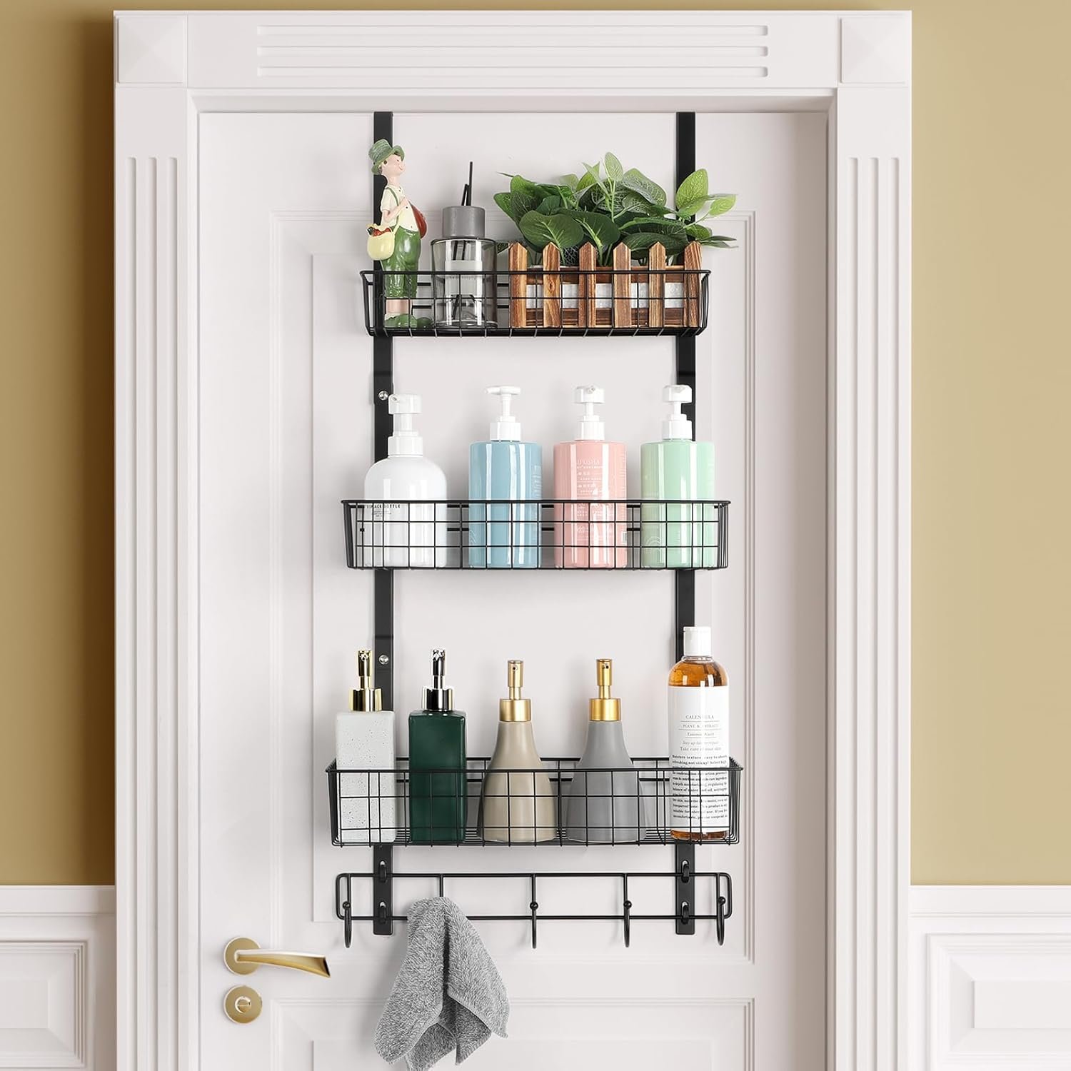 ETELI Over the Door Pantry Organizer 3 Tier Hanging Basket Back Door Storage Rack Shelf Metal Over the Door Shelves with 3 Baskets and 5 Hooks for Bathroom Kitchen Pantry Bedroom, Black