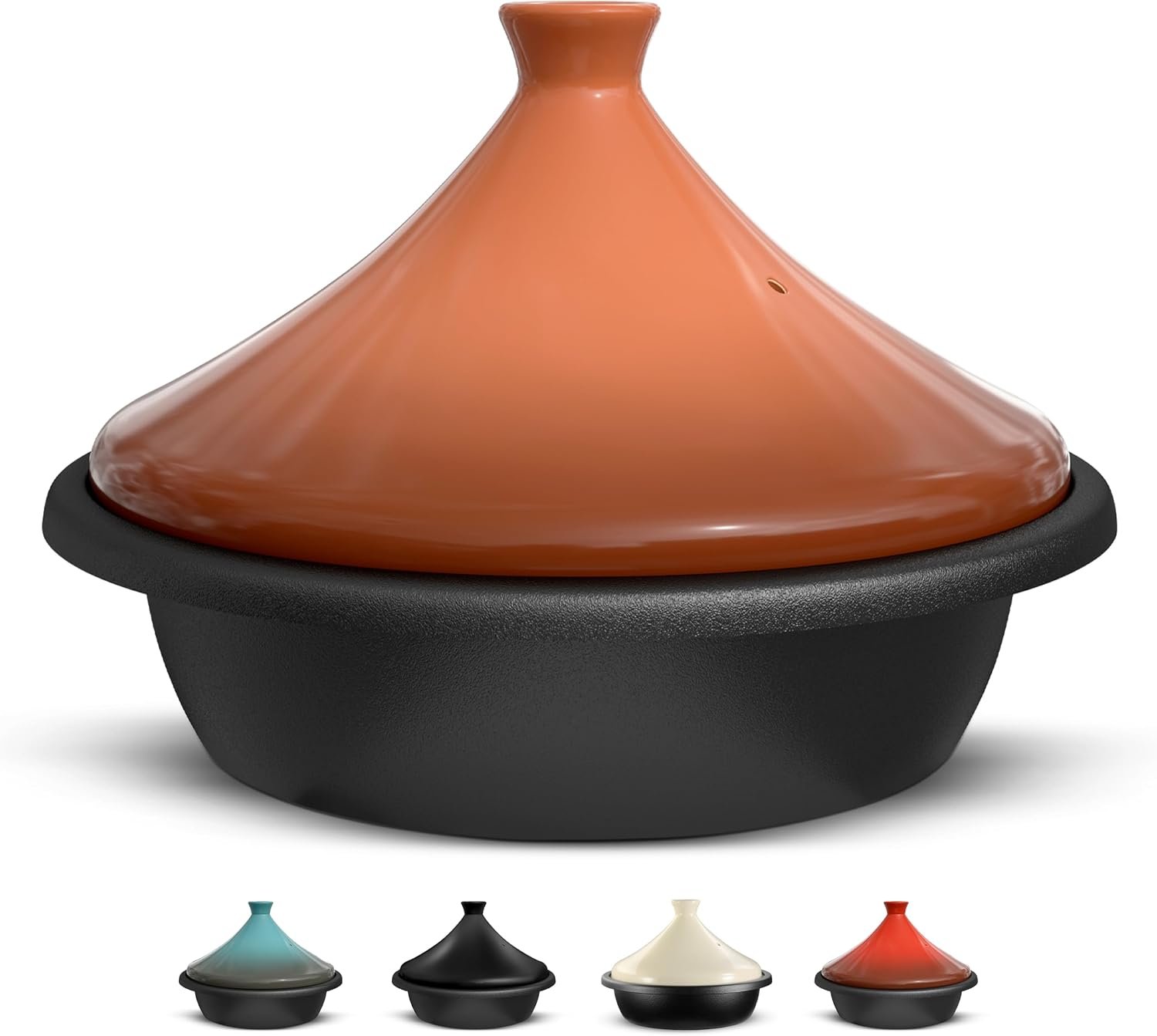 KooK Moroccan Tagine, Enameled Cast Iron Cooking Pot, Tajine with Ceramic Cone-Shaped Closed Lid, 3.3 QT, (Terracotta)