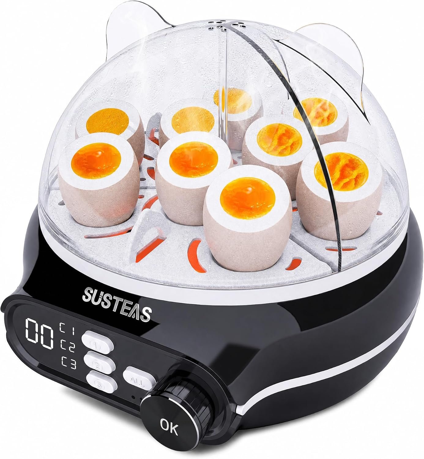 SUSTEAS Rapid Egg Cooker 9 Eggs, Soft, Medium, Hard Boiled, Poached | 3-Zone Separate Cooking, Electric Egg Poacher, Kitchen Egg Steamer, Auto Shut-Off, Smart Voice Prompts, Timer Function, Black