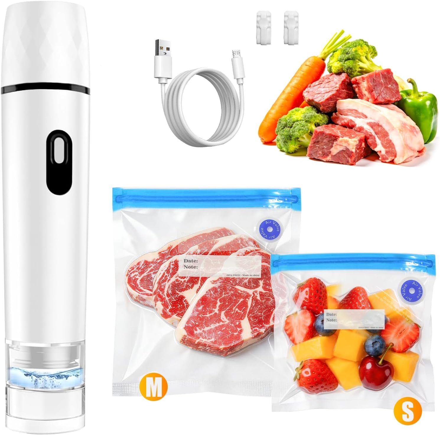 Compact Vacuum Sealer for Food, Vacuum Sealer Machine + 30 Reusable Vacuum Bags – Powerful Handheld Vacuum Food Sealer, Seal Food 12X Fresh Longer, Portable Vacuum Sealer for Kitchen Travel Meal