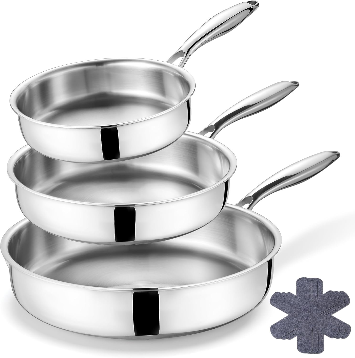 E-far Tri-Ply Stainless Steel Frying Pan Set of 3, 8/10/12 Inch Skillet Set | Heavy-Duty & Non-Toxic Kitchen Cookware, Cooking Pans for Searing & Sauting, Induction Compatible, Oven & Dishwasher Safe