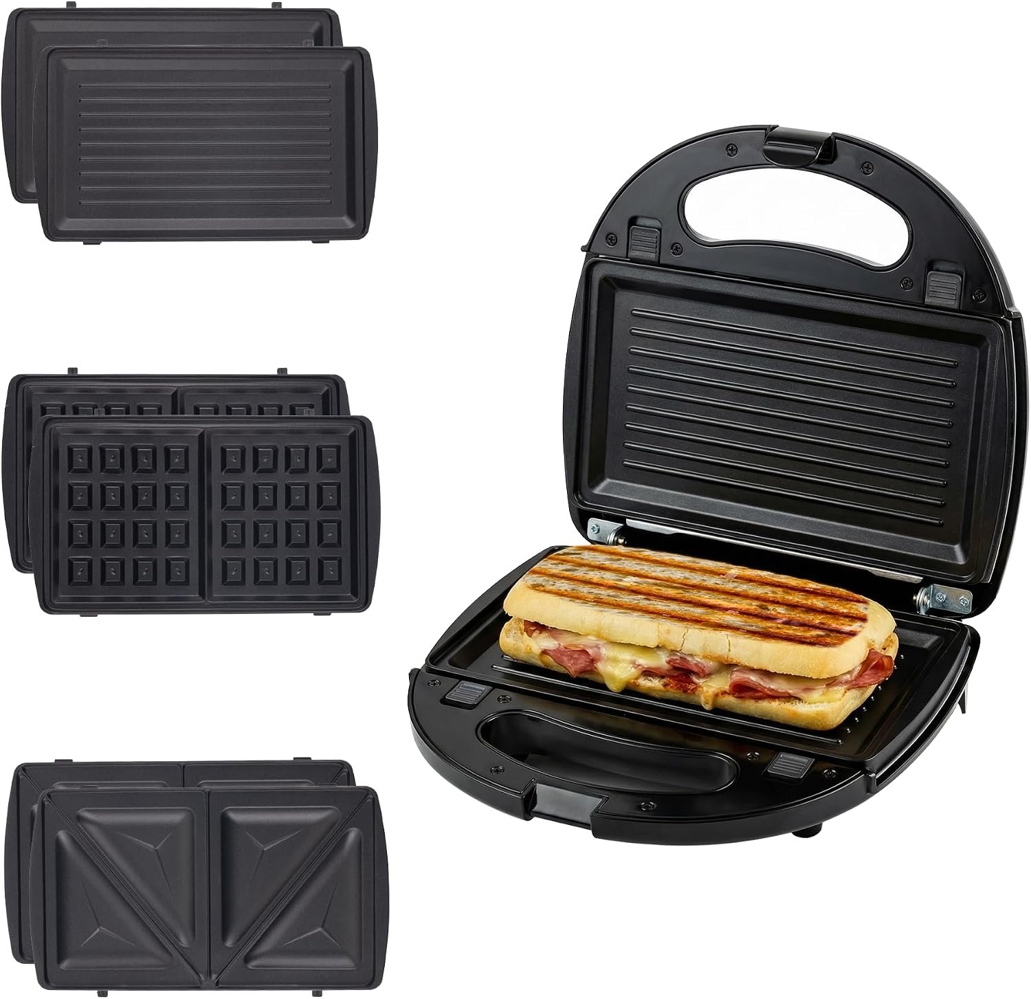 OVENTE 3 in 1 Electric Sandwich Maker, 750W Non-Stick Plates, Black GPI302B | Panini Press Grill and Waffle Iron Removable Set , Perfect for Grilled Cheese, Tuna Melts, Burgers, Steaks and Snacks
