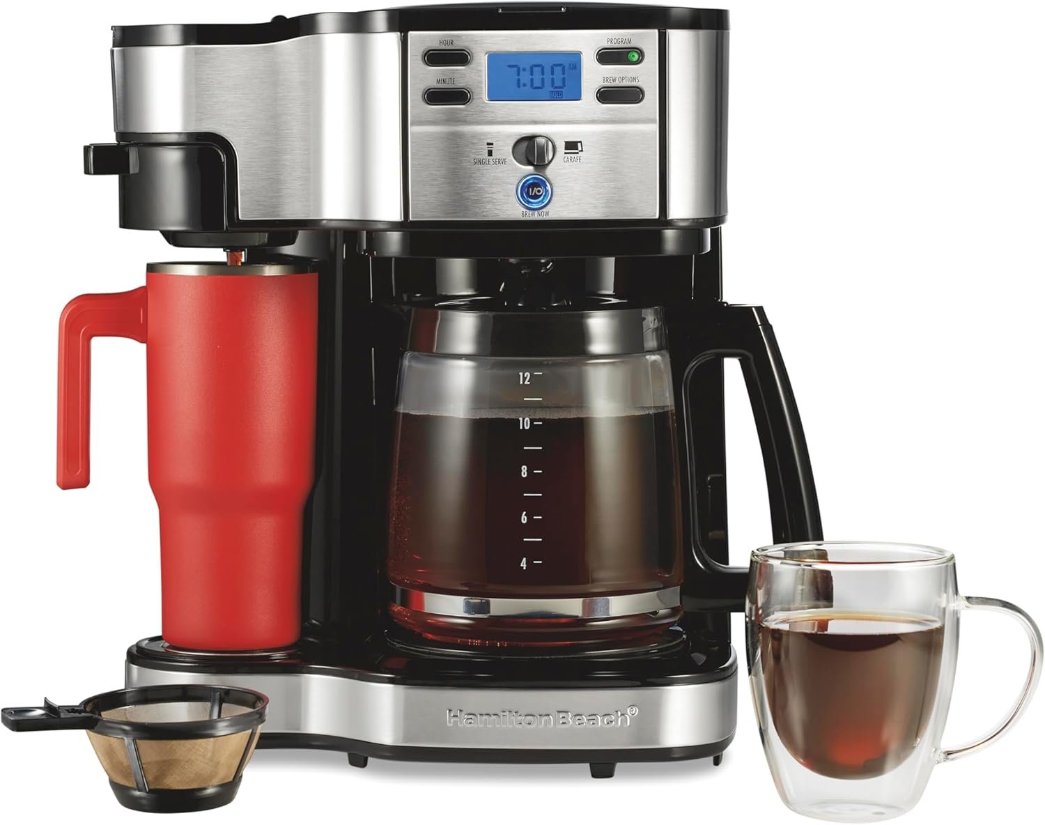 Hamilton Beach 2-Way Brewer Coffee Maker, Single-Serve and 12-Cup Pot, Black/Stainless Steel(49980A), Carafe | 12 Cup Glass Carafe | Black with Stainless Steel Accents | 49980RG