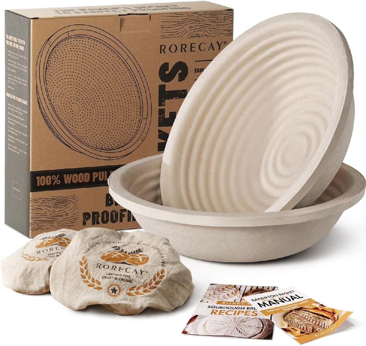 Wood Pulp Banneton Bread Proofing Baskets Set of 2, 9 Inch Round | Proofing Baskets for Sourdough Bread Baking, 100% Natural Wood Pulp, Balanced Moisture Control, 2.2 LB Dough Capacity