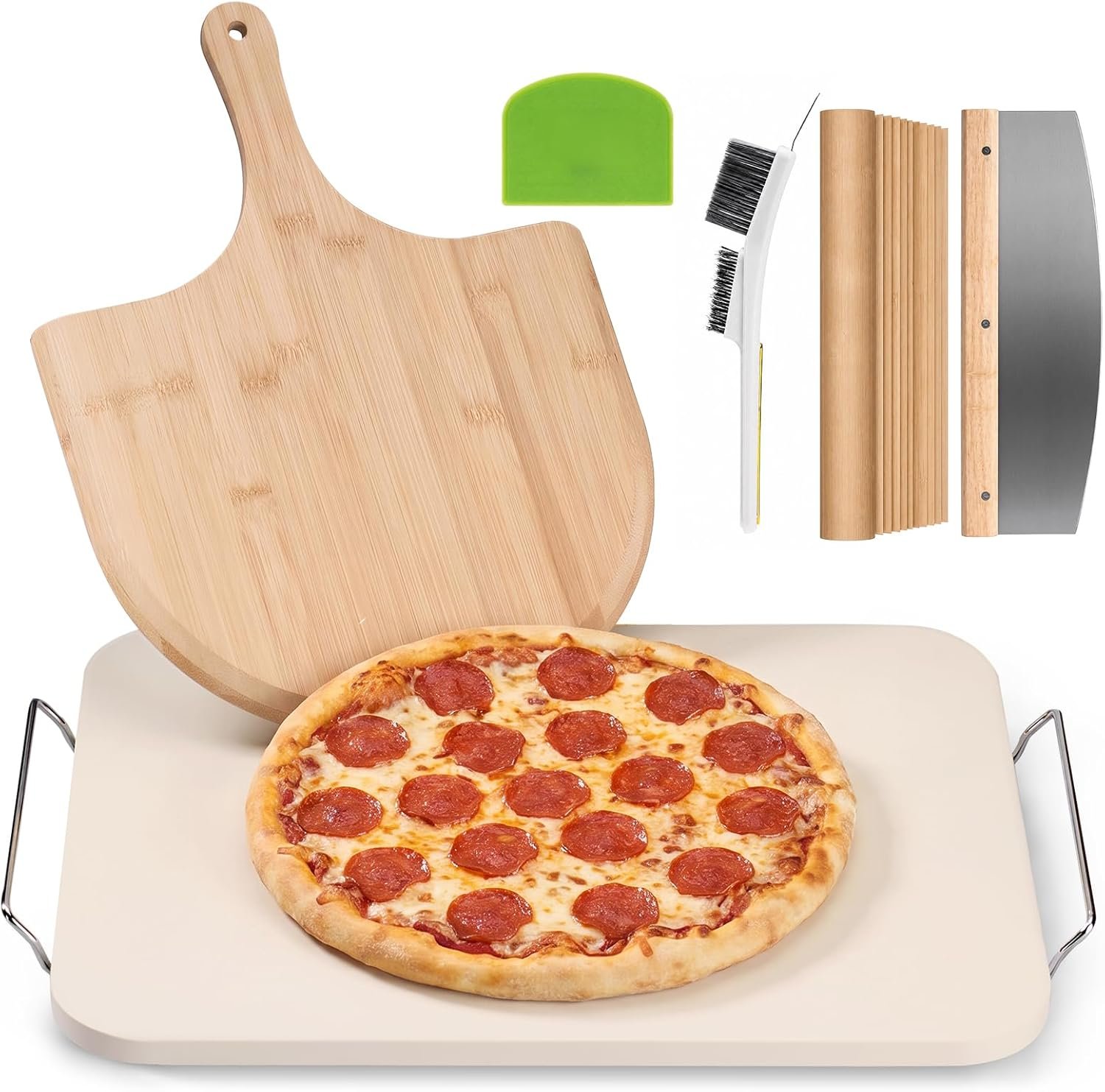 JEETEE Cordierite Pizza Stone Set, 15×12 Inch Baking Stone for Oven & Grill | Rectangular Baking Stone, Crispy Crust Results, For Homemade Pizza & Bread & BBQ, 6PCS Pizza Cooking Stone Set