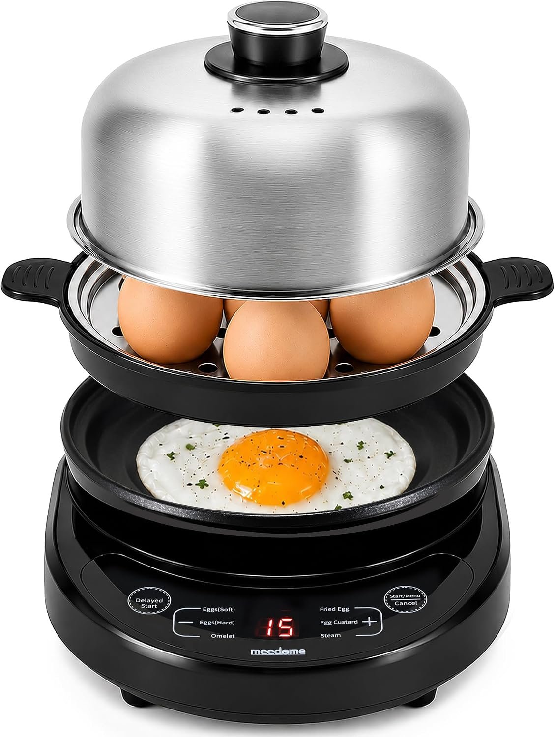 Rapid Egg Cooker, Stainless Steel Electric Egg Steamer for Hard and Soft Boiled Eggs, Fried Egg and Omelet Maker, Auto Shut-Off, Dishwasher-Safe Parts, BPA-Free, Holds 7 Eggs, Black