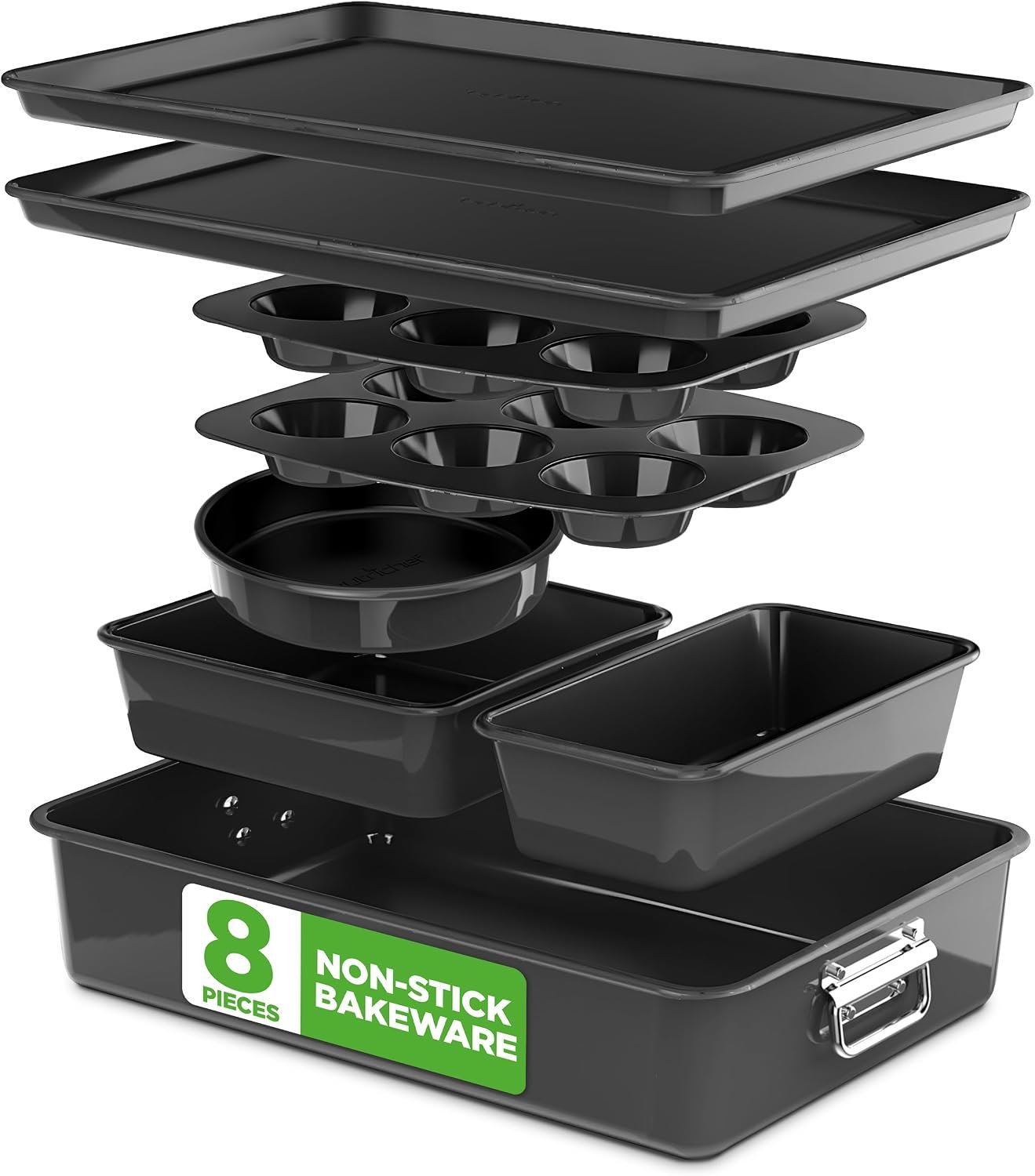 NutriChef 8-Piece Stackable Nonstick Bakeware Set – Premium Steel Baking Pans Set – Includes Round Cake Pan, 6-Cup Muffin Pans, Wide/Square Brownie & Loaf Pans, Cookie Sheet, & Roaster Pan (Black)