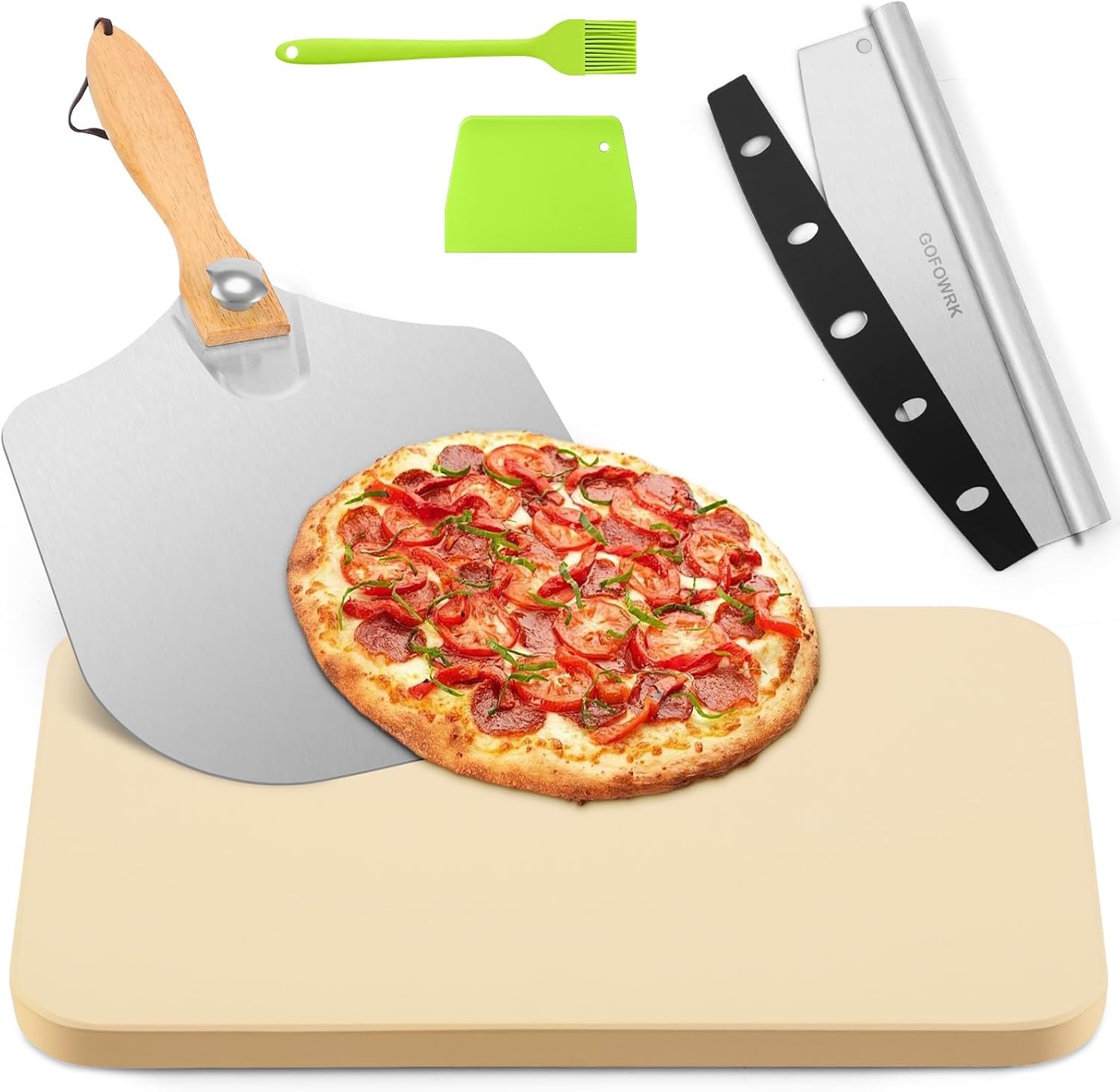 Pizza Stone 5 PCS Set, 15 x 12″ Large Rectangle Pizza Stone Set for Oven and Grill with Metal Pizza Peels & Cutter Rocker, 0.6” Thickened Stone Pizza Pan, Baking Stone for Pizza, Bread